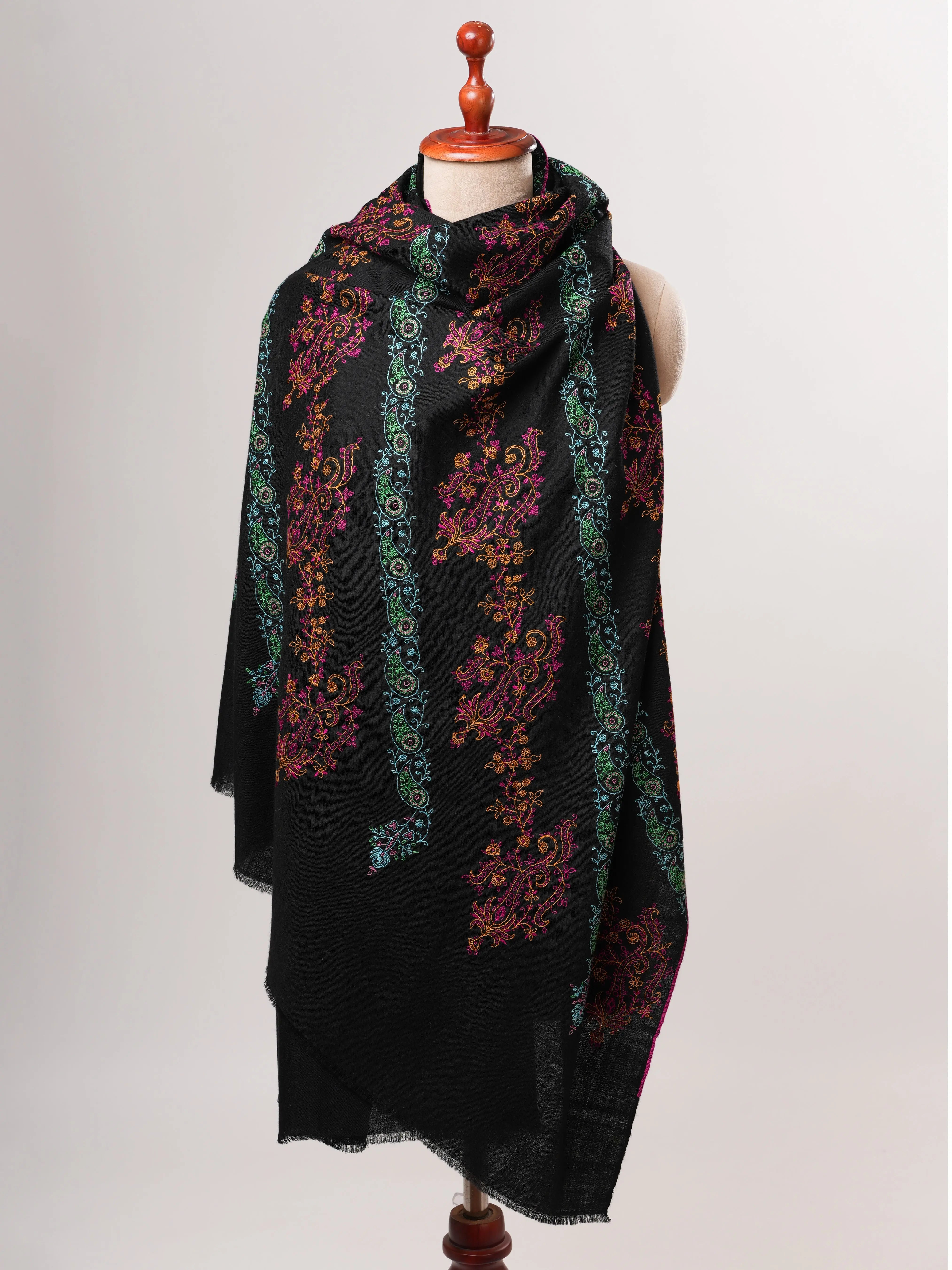 Black Kashmiri Pure Pashmina Shawl with Hand Embroidery Shahkaar