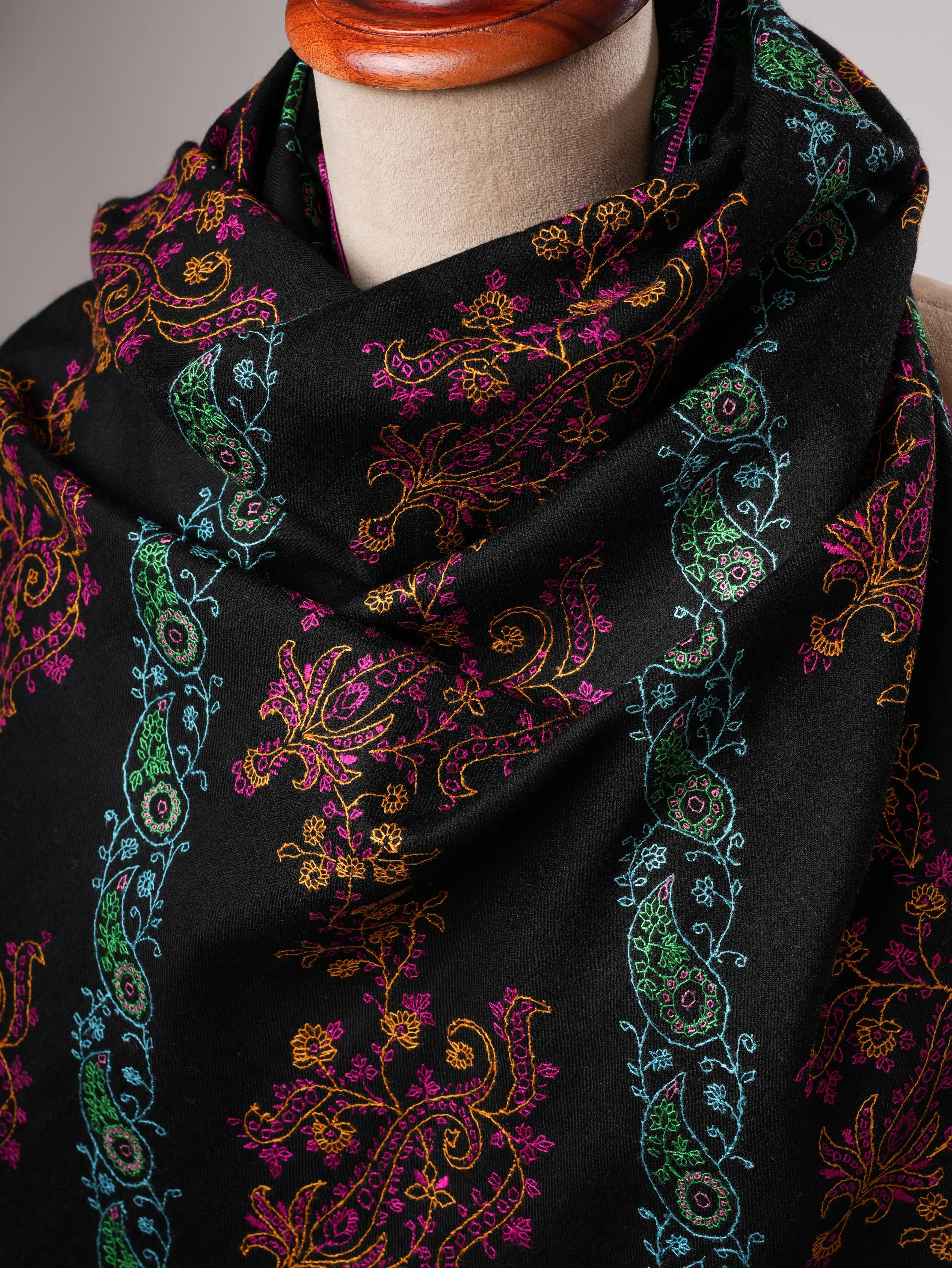 Black Kashmiri Pure Pashmina Shawl with Hand Embroidery Shahkaar