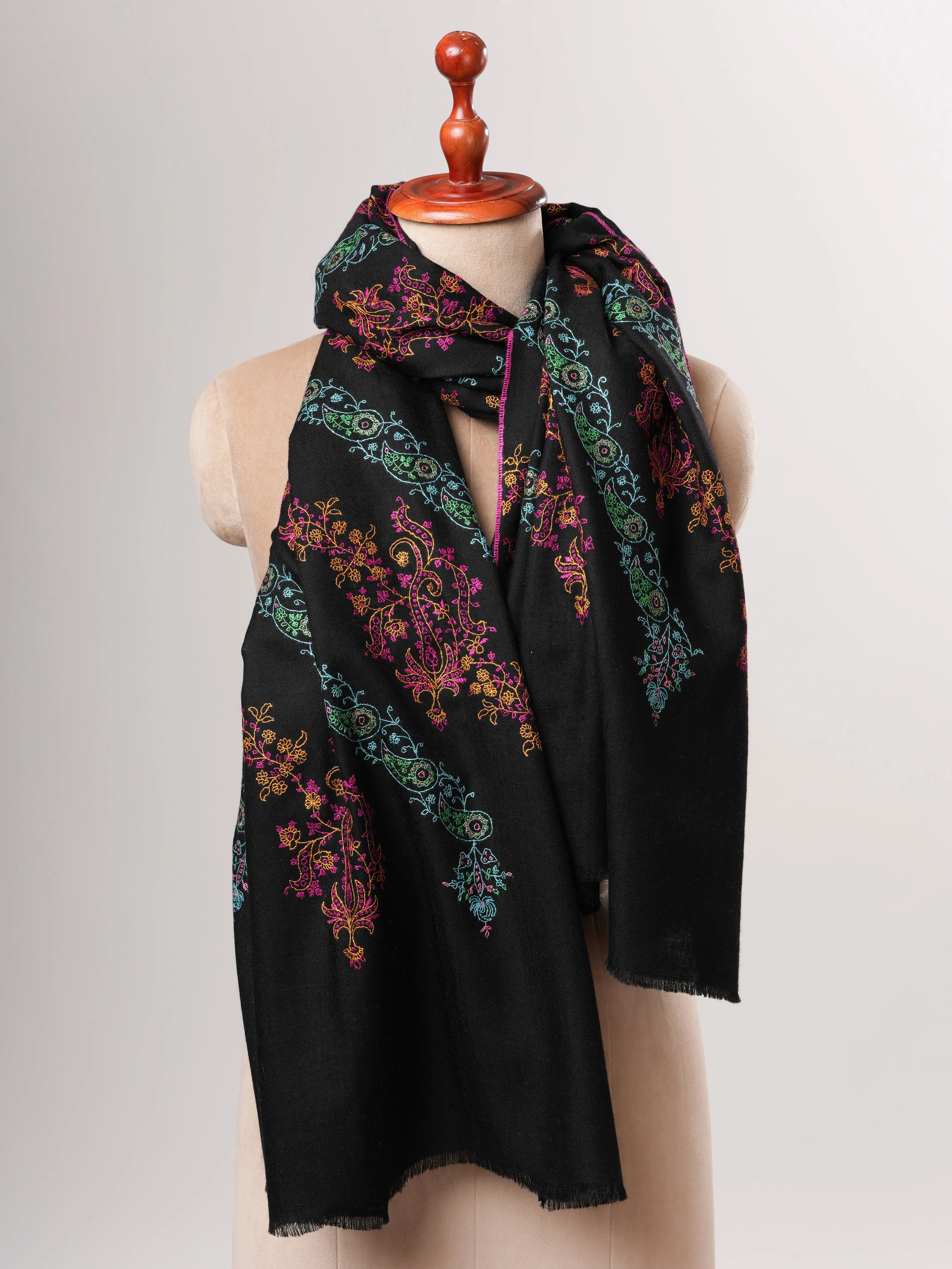 Black Kashmiri Pure Pashmina Shawl with Hand Embroidery Shahkaar