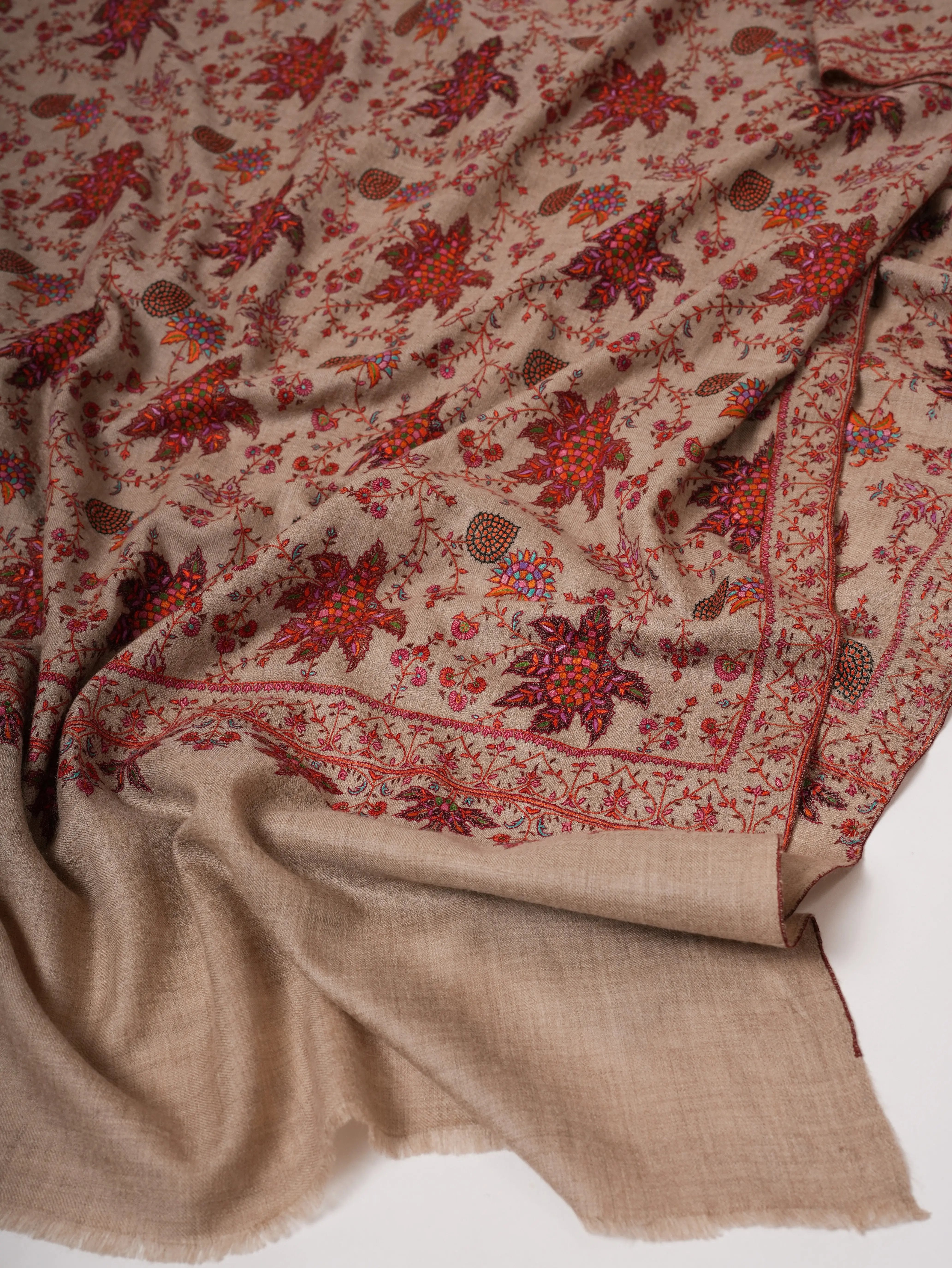 Natural Grey Pashmina Shawl with Fine Hand-Embroidered Chinar Motif Shahkaar