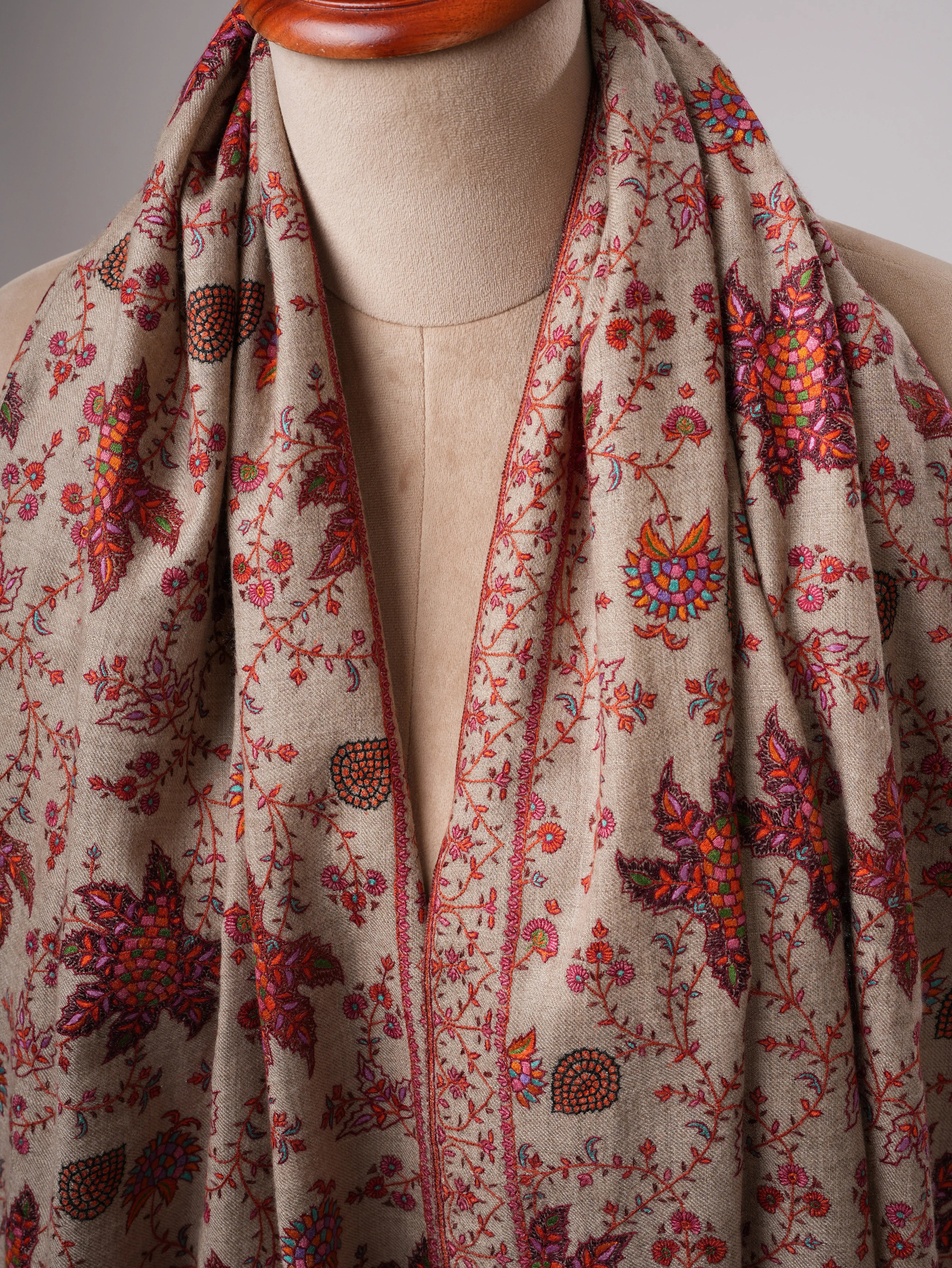 Natural Grey Pashmina Shawl with Fine Hand-Embroidered Chinar Motif Shahkaar