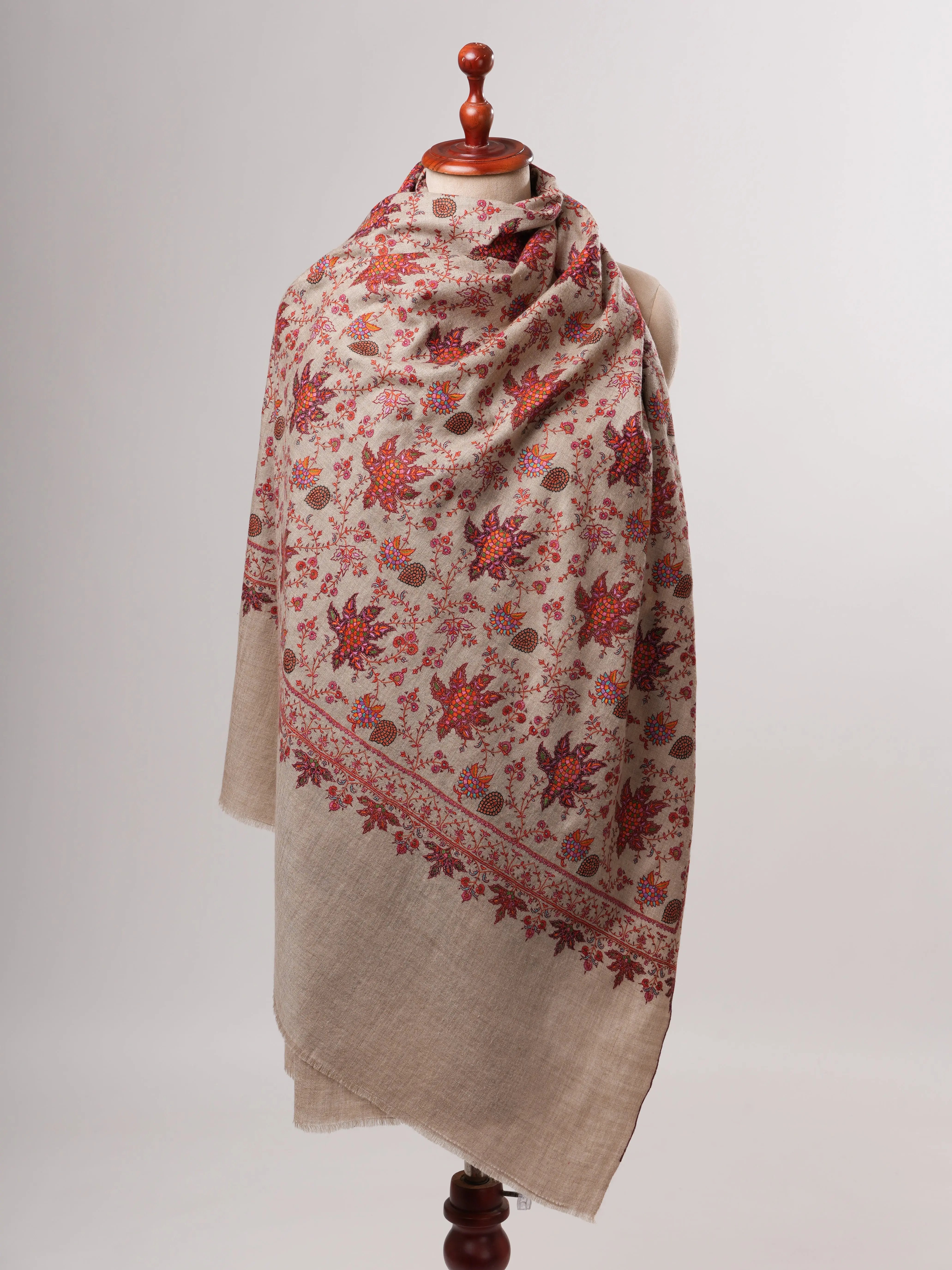 Natural Grey Pashmina Shawl with Fine Hand-Embroidered Chinar Motif Shahkaar