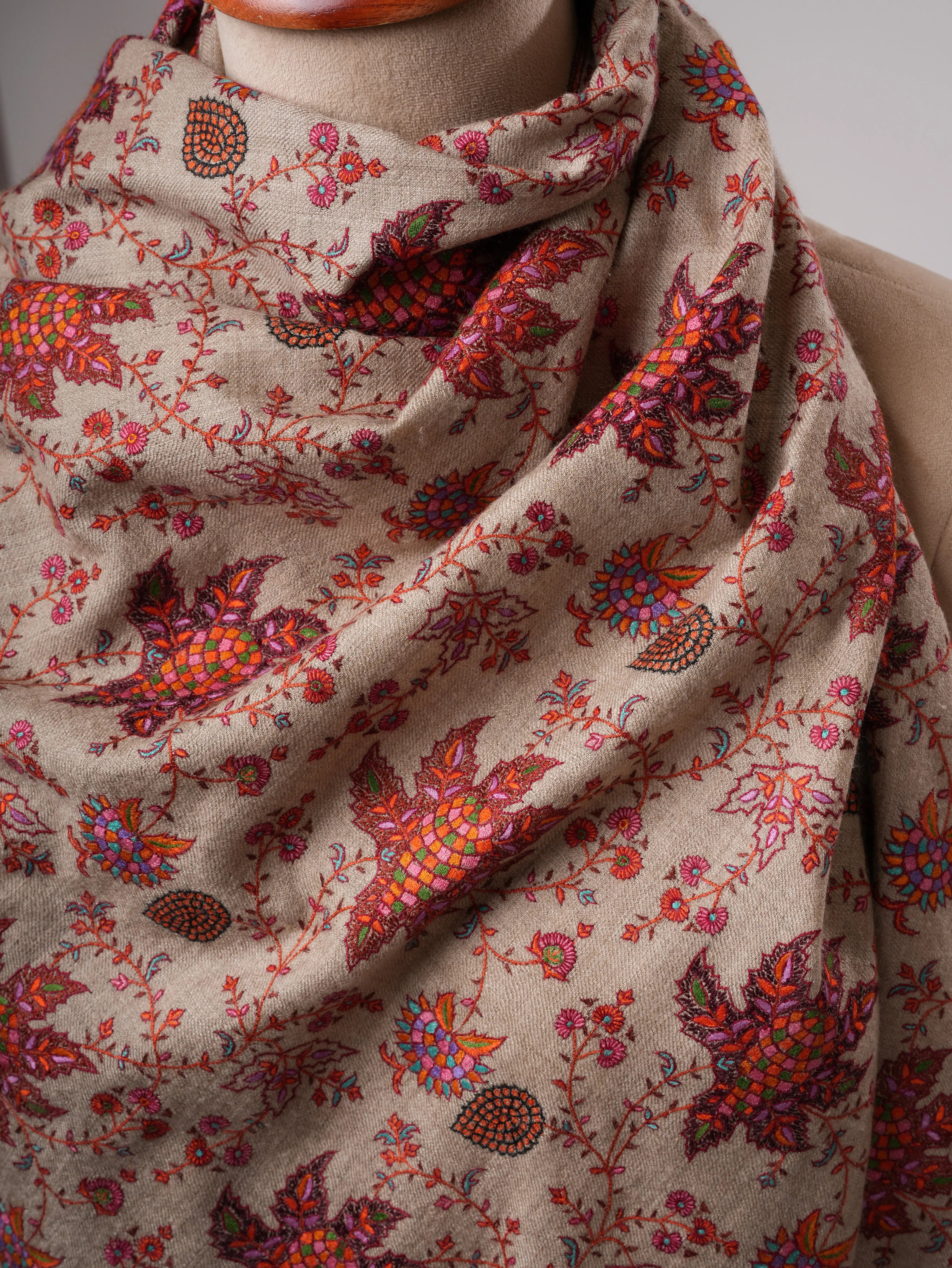 Natural Grey Pashmina Shawl with Fine Hand-Embroidered Chinar Motif Shahkaar