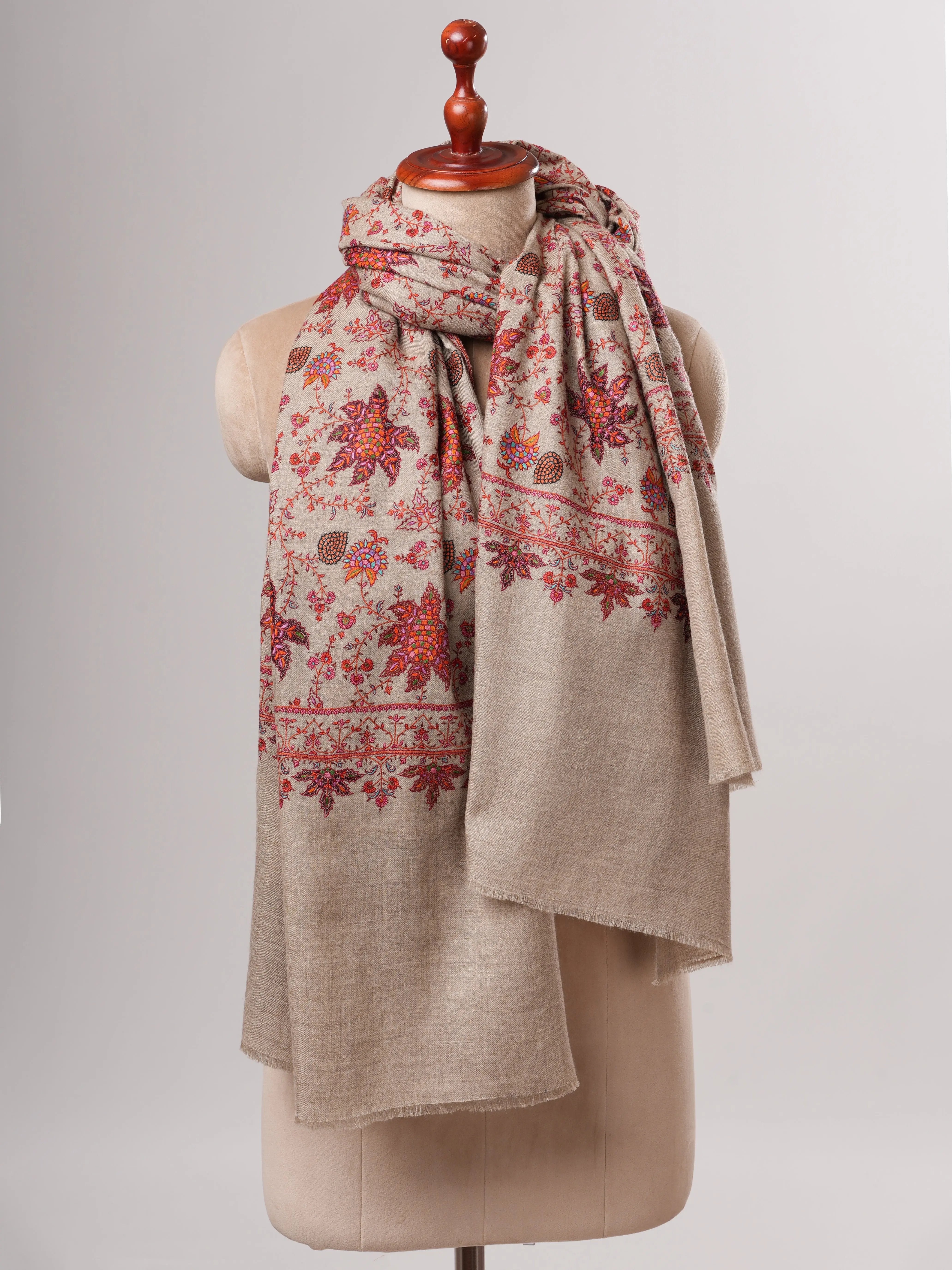 Natural Grey Pashmina Shawl with Fine Hand-Embroidered Chinar Motif Shahkaar