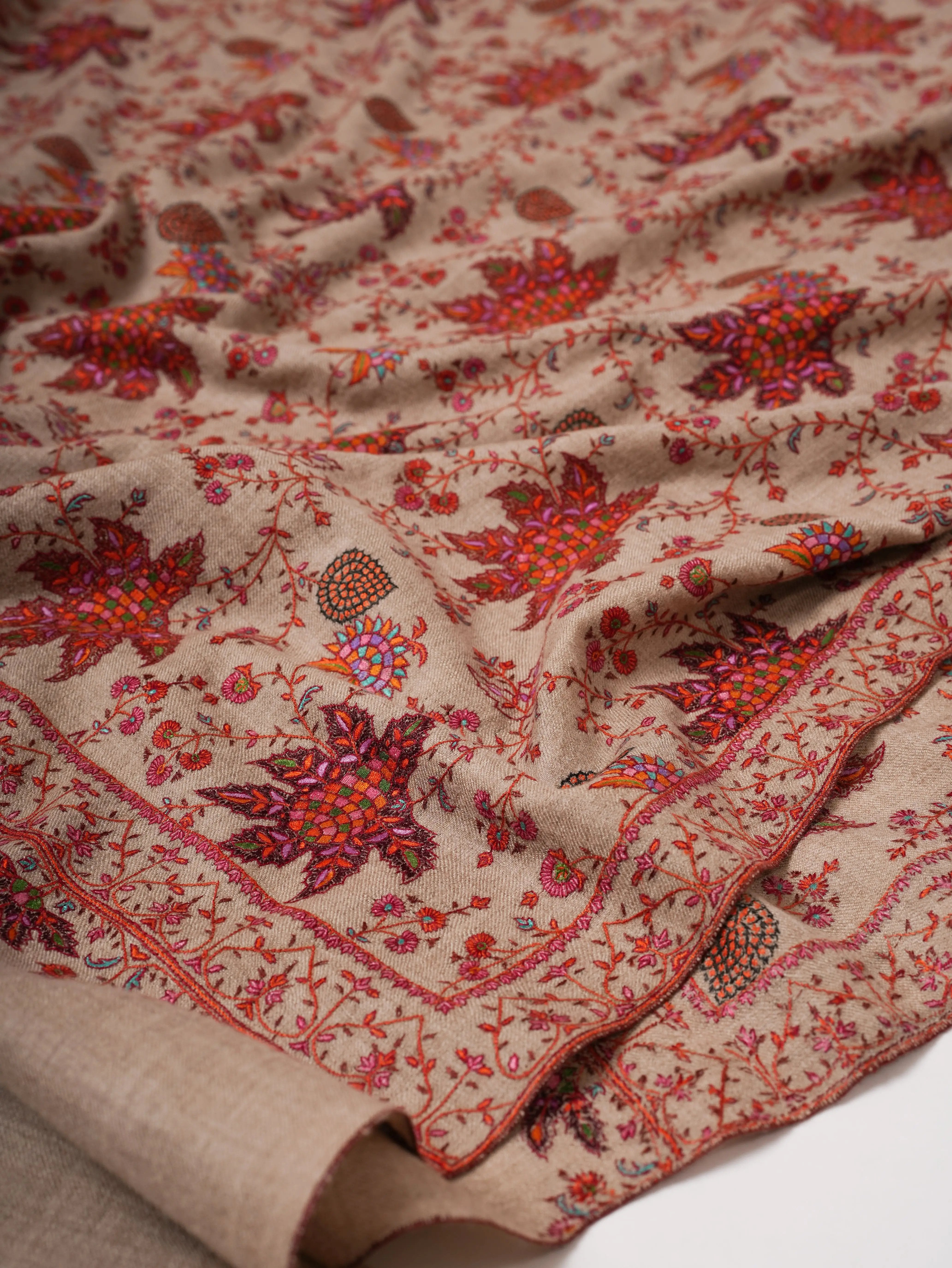 Natural Grey Pashmina Shawl with Fine Hand-Embroidered Chinar Motif Shahkaar