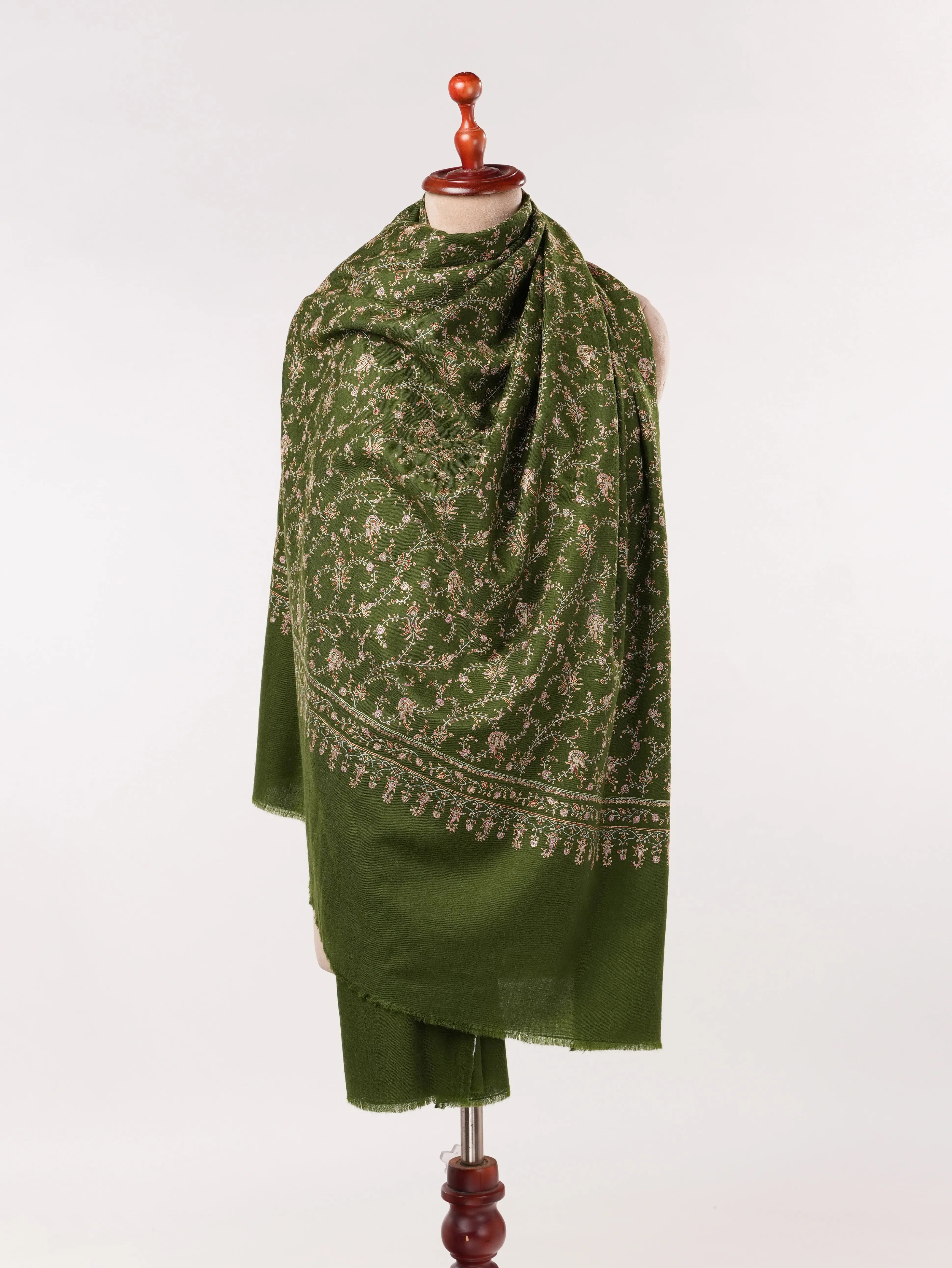 Jali Hand Silk Embroidery on Olive Green Kashmiri Handwoven Pashmina Shawl Shahkaar.com