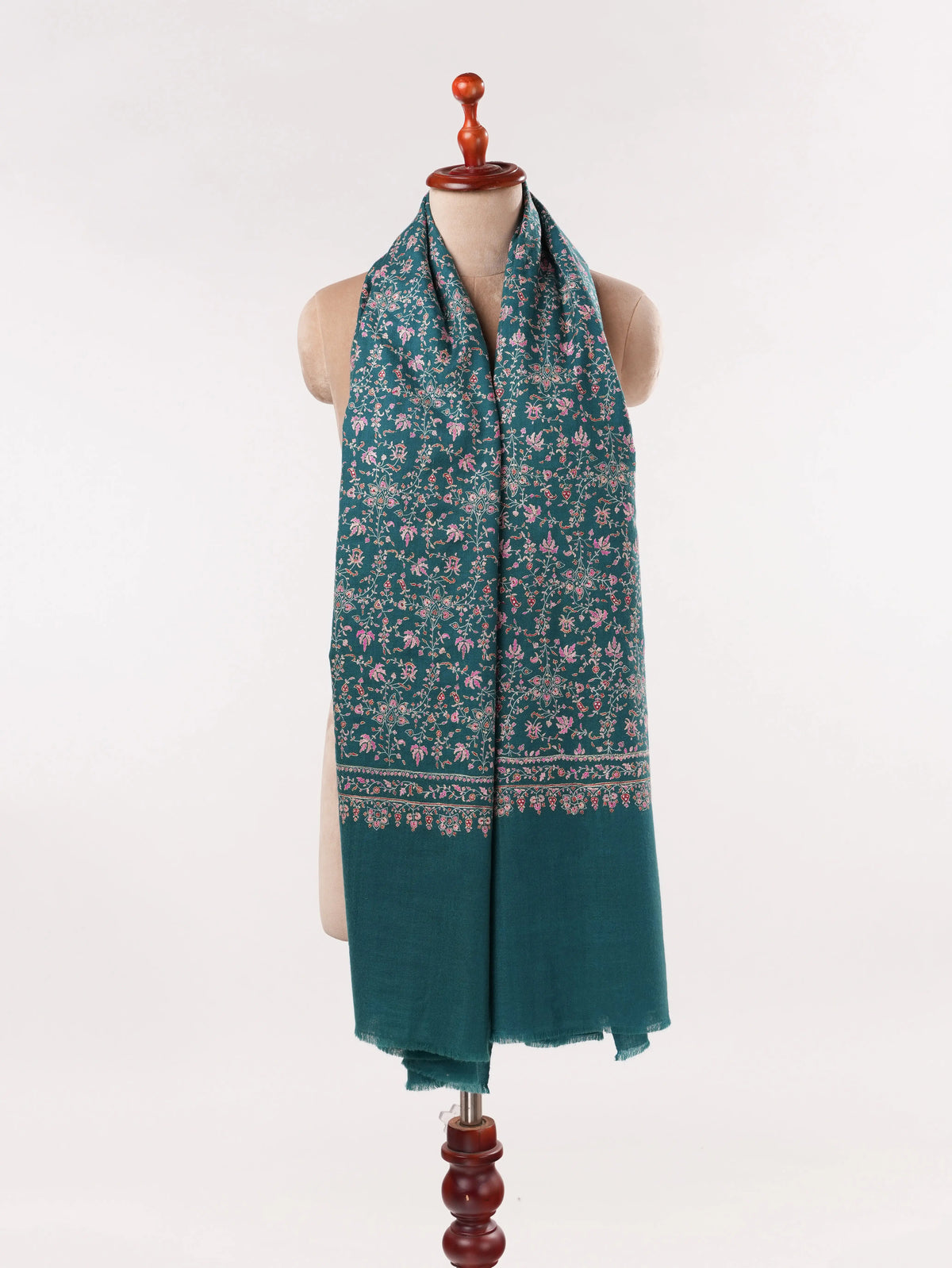 Chinar Jali Hand Silk Embroidery on Peacock Blue Kashmiri Handwoven Pashmina Shawl Shahkaar.com