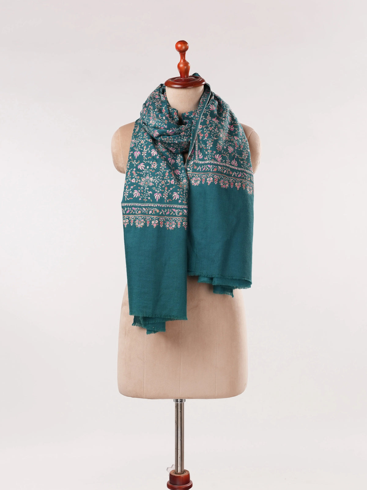 Chinar Jali Hand Silk Embroidery on Peacock Blue Kashmiri Handwoven Pashmina Shawl Shahkaar.com