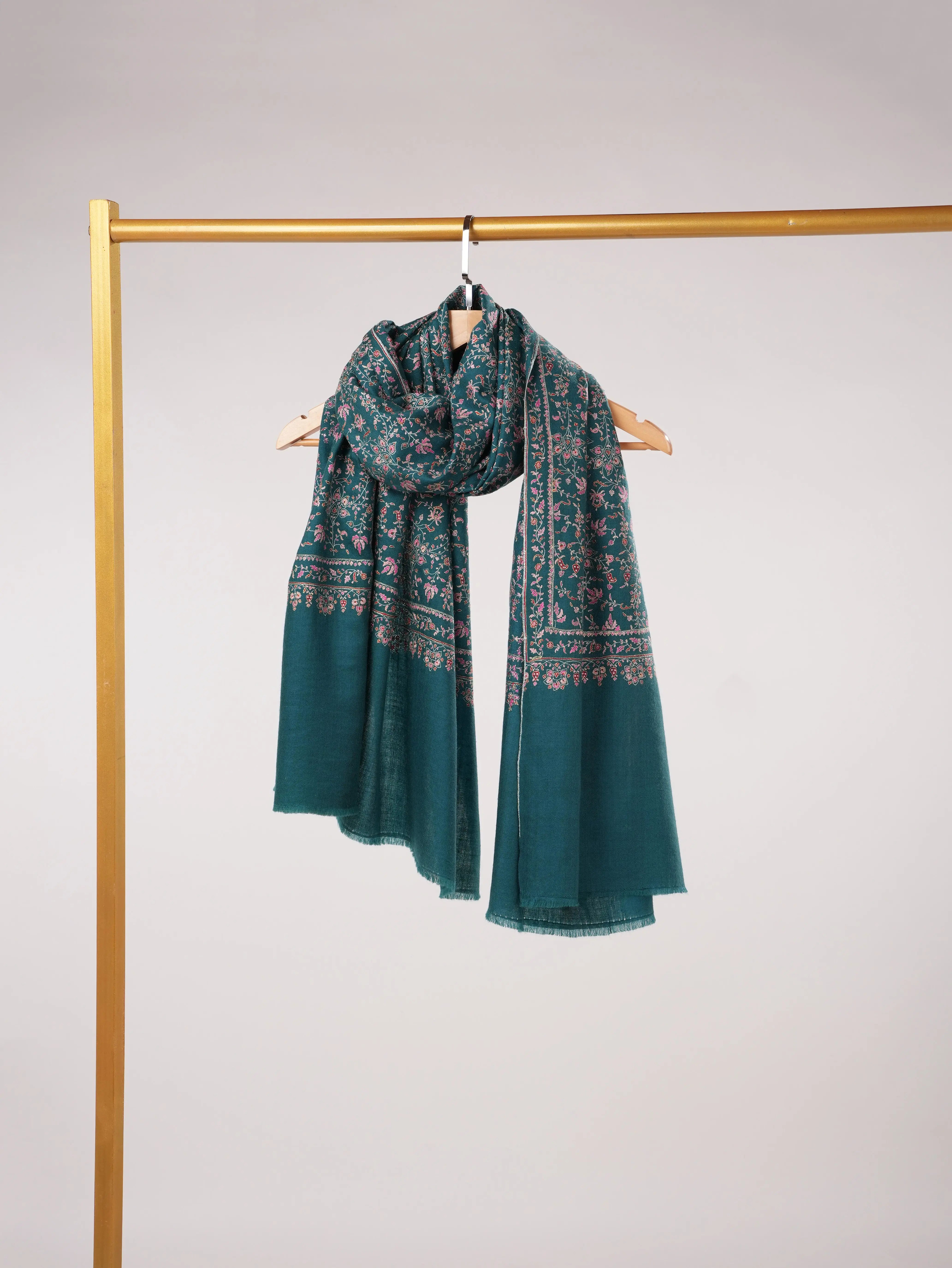 Chinar Jali Hand Silk Embroidery on Peacock Blue Kashmiri Handwoven Pashmina Shawl Shahkaar.com