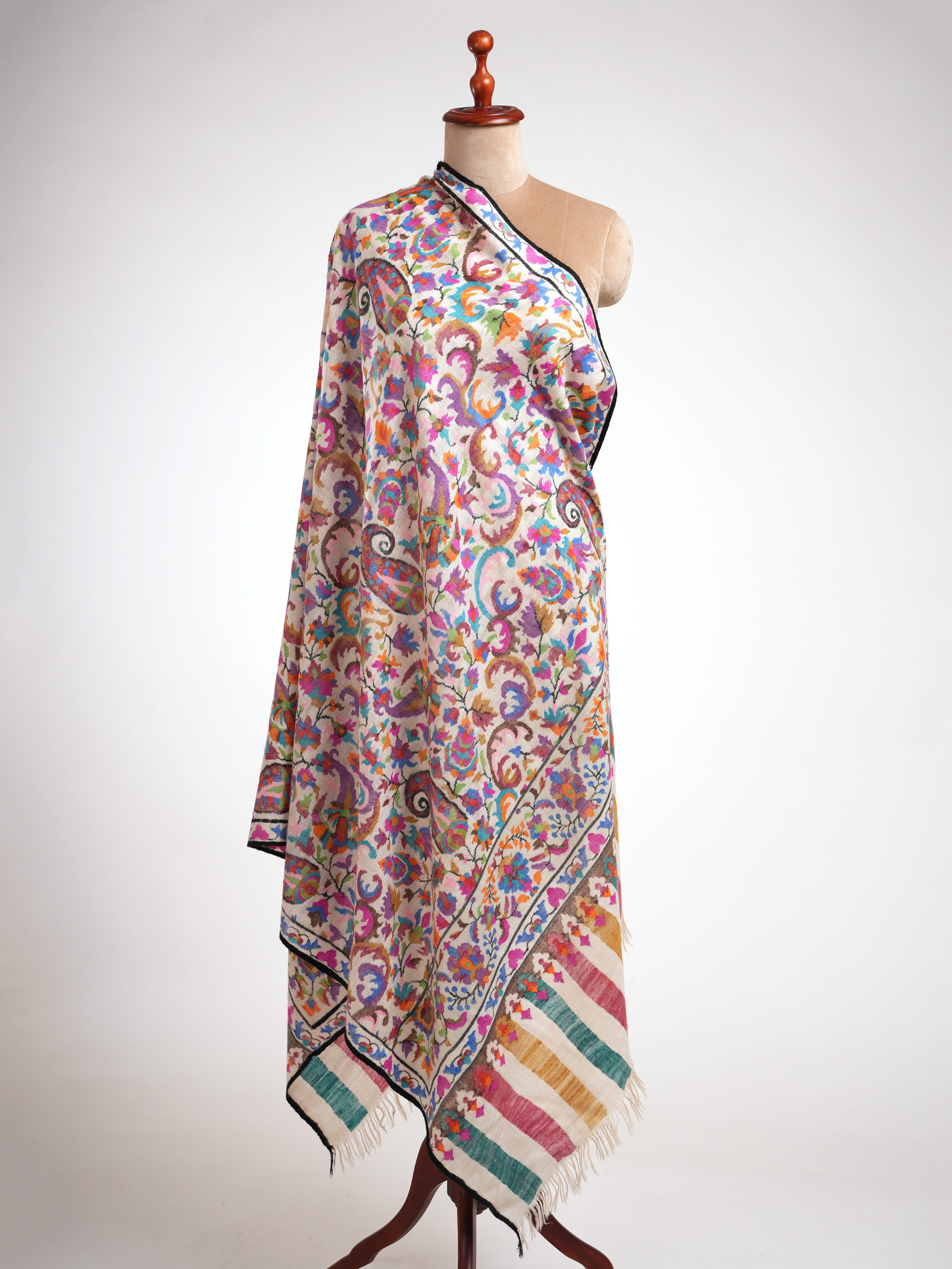 White Authentic Kani Pashmina Jamavar Shawl