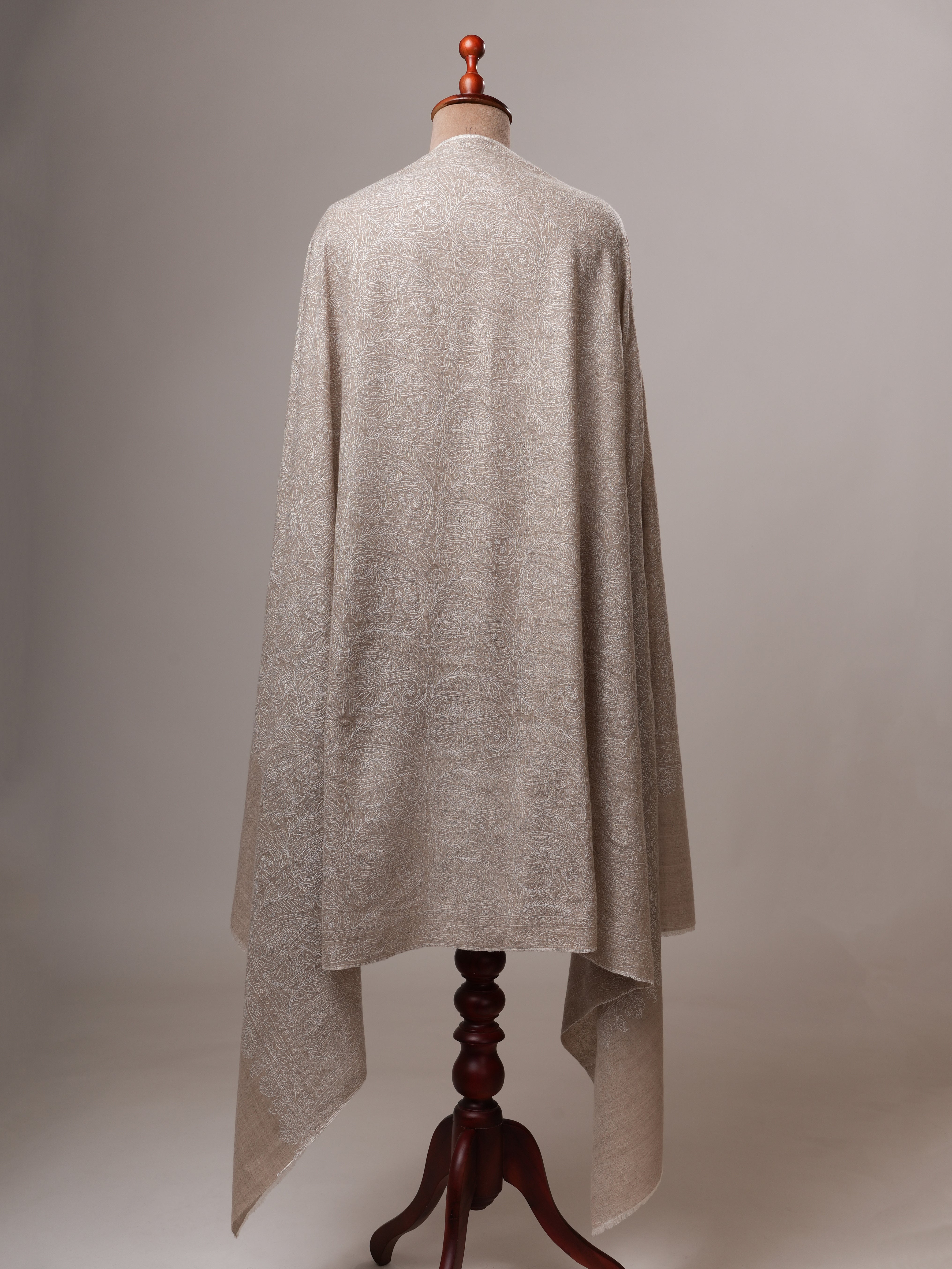 Natural Grey Indian Pashmina Shawl with All-Over White Embroidery Shahkaar