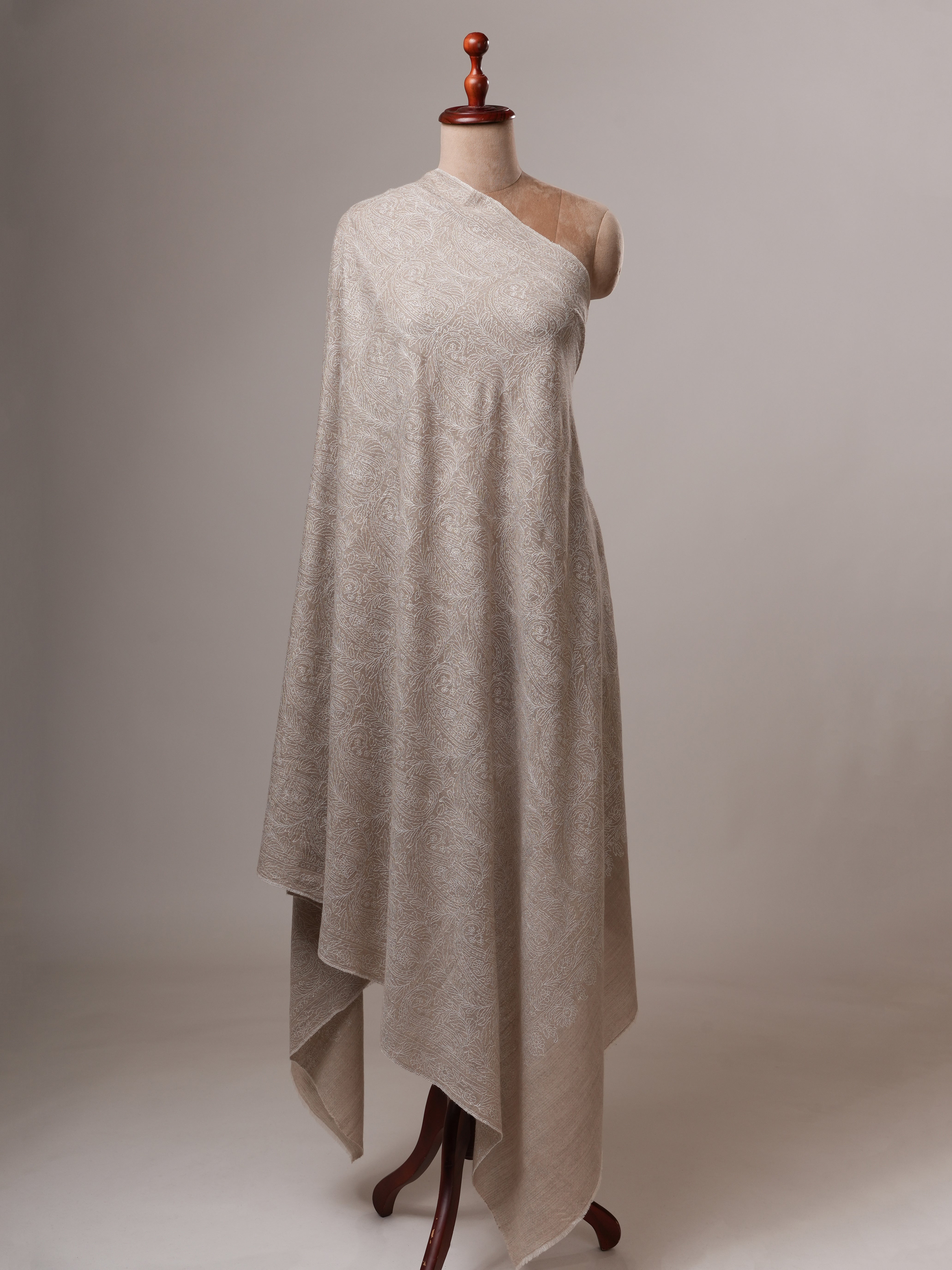 Natural Grey Indian Pashmina Shawl with All-Over White Embroidery Shahkaar