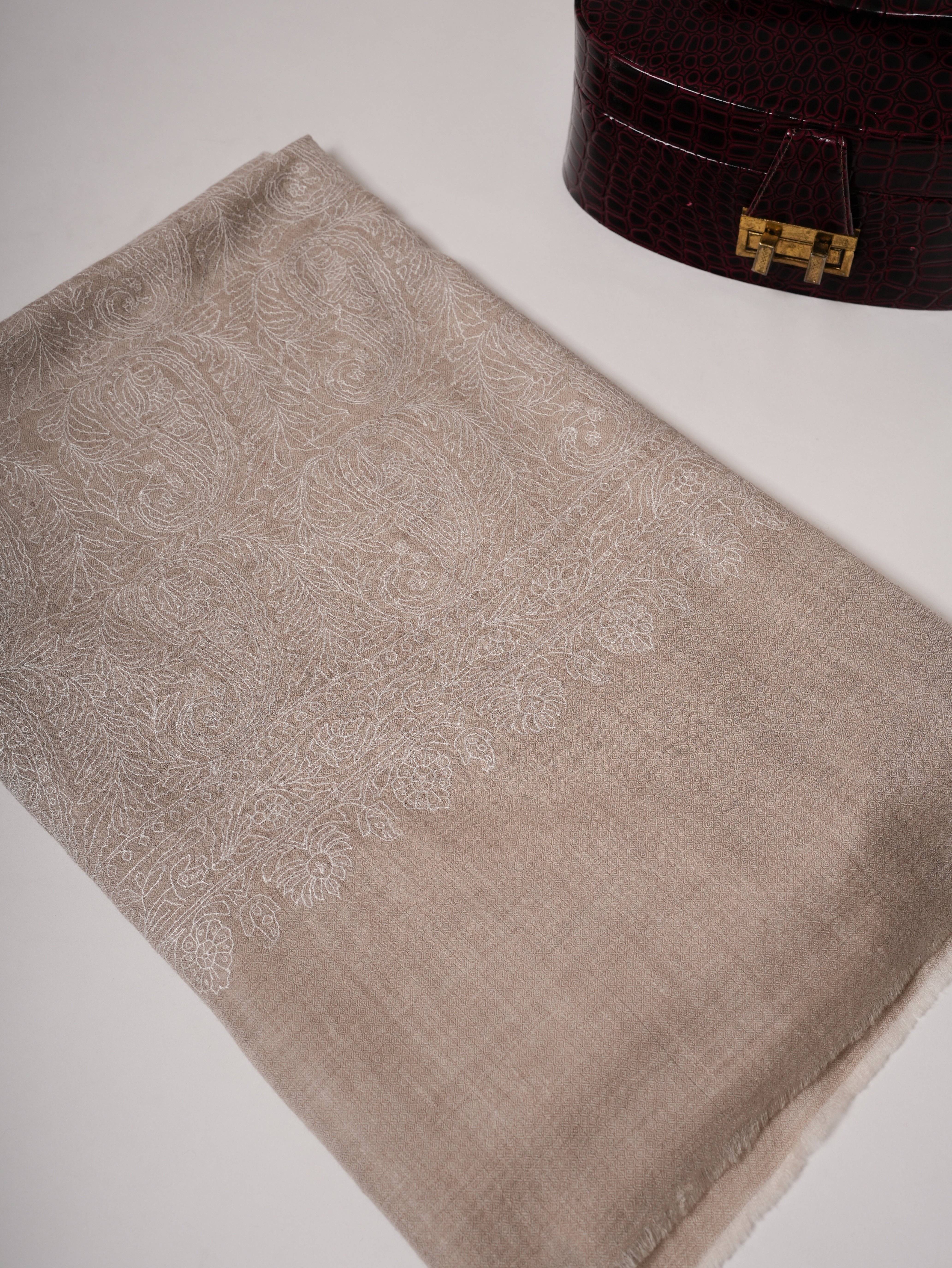 Natural Grey Indian Pashmina Shawl with All-Over White Embroidery Shahkaar