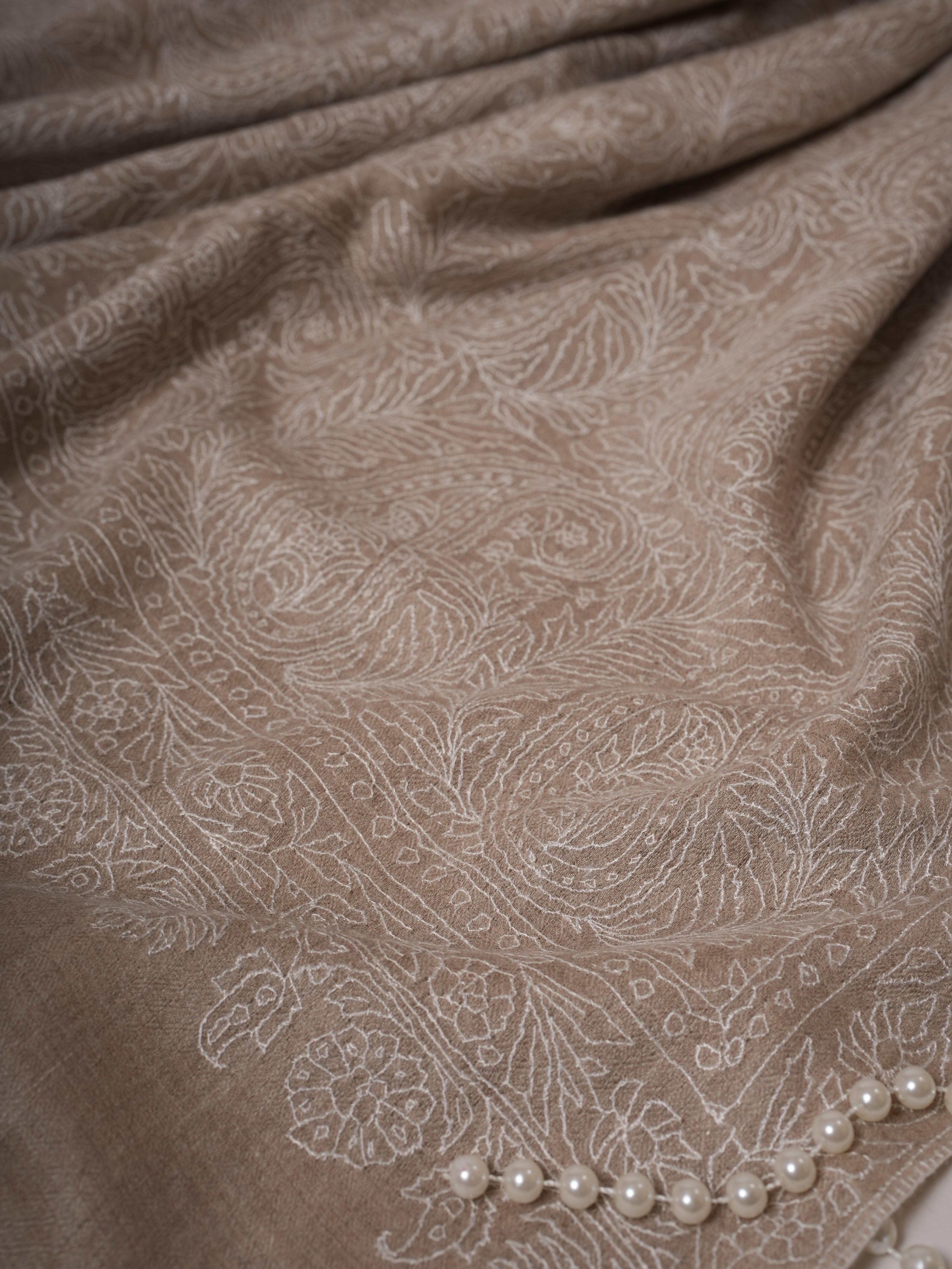 Natural Grey Indian Pashmina Shawl with All-Over White Embroidery Shahkaar