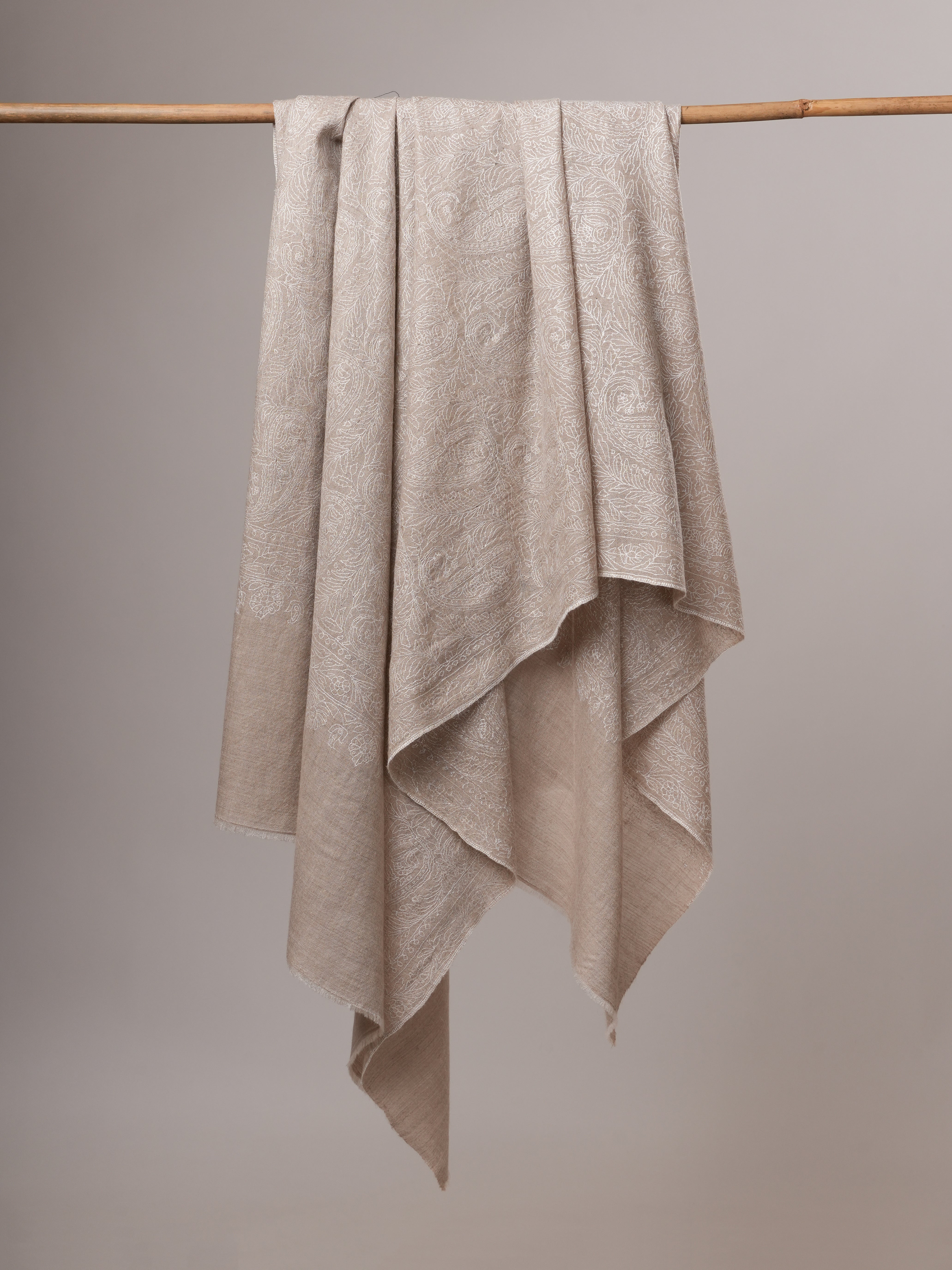 Natural Grey Indian Pashmina Shawl with All-Over White Embroidery Shahkaar