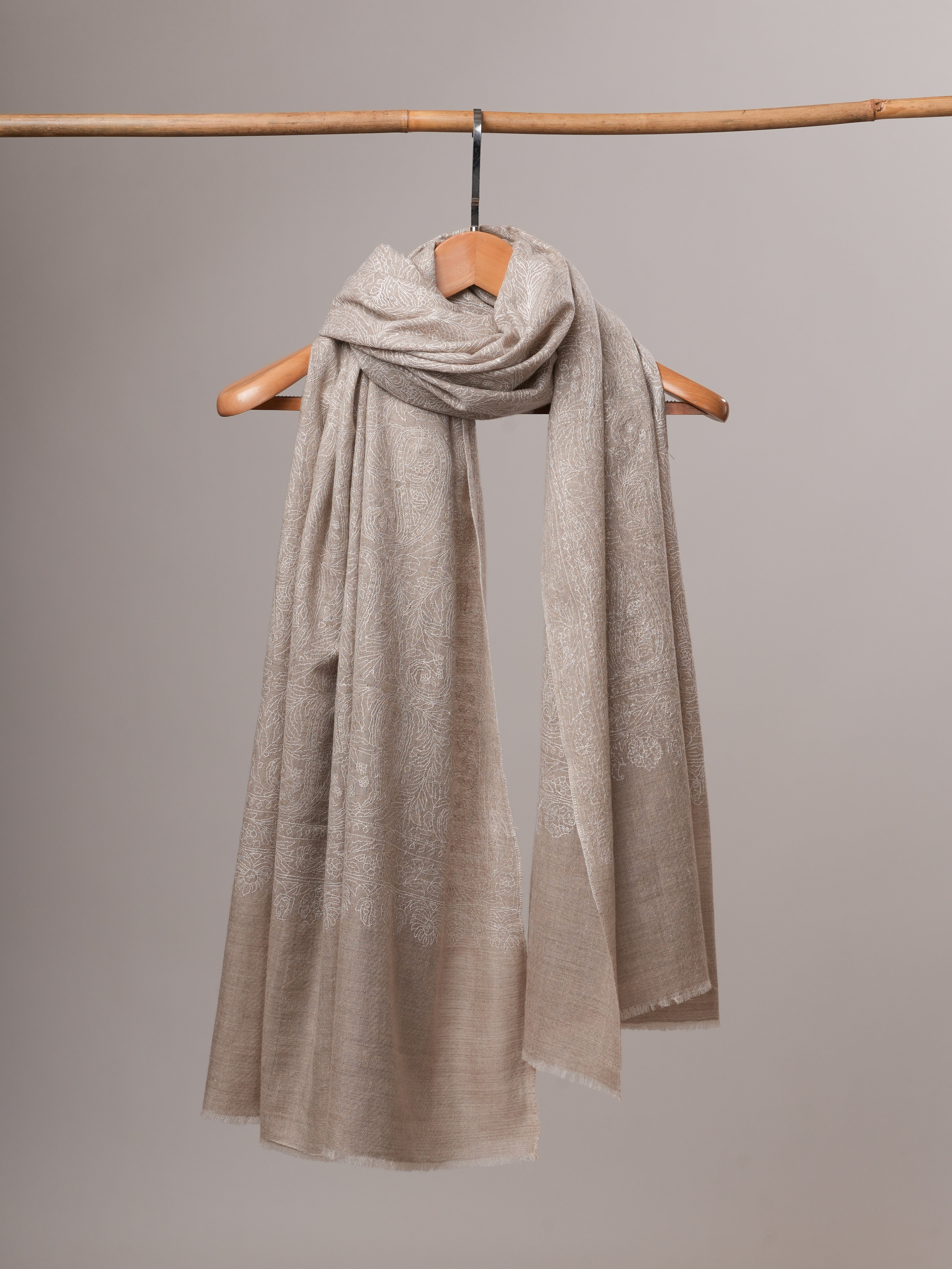 Natural Grey Indian Pashmina Shawl with All-Over White Embroidery Shahkaar