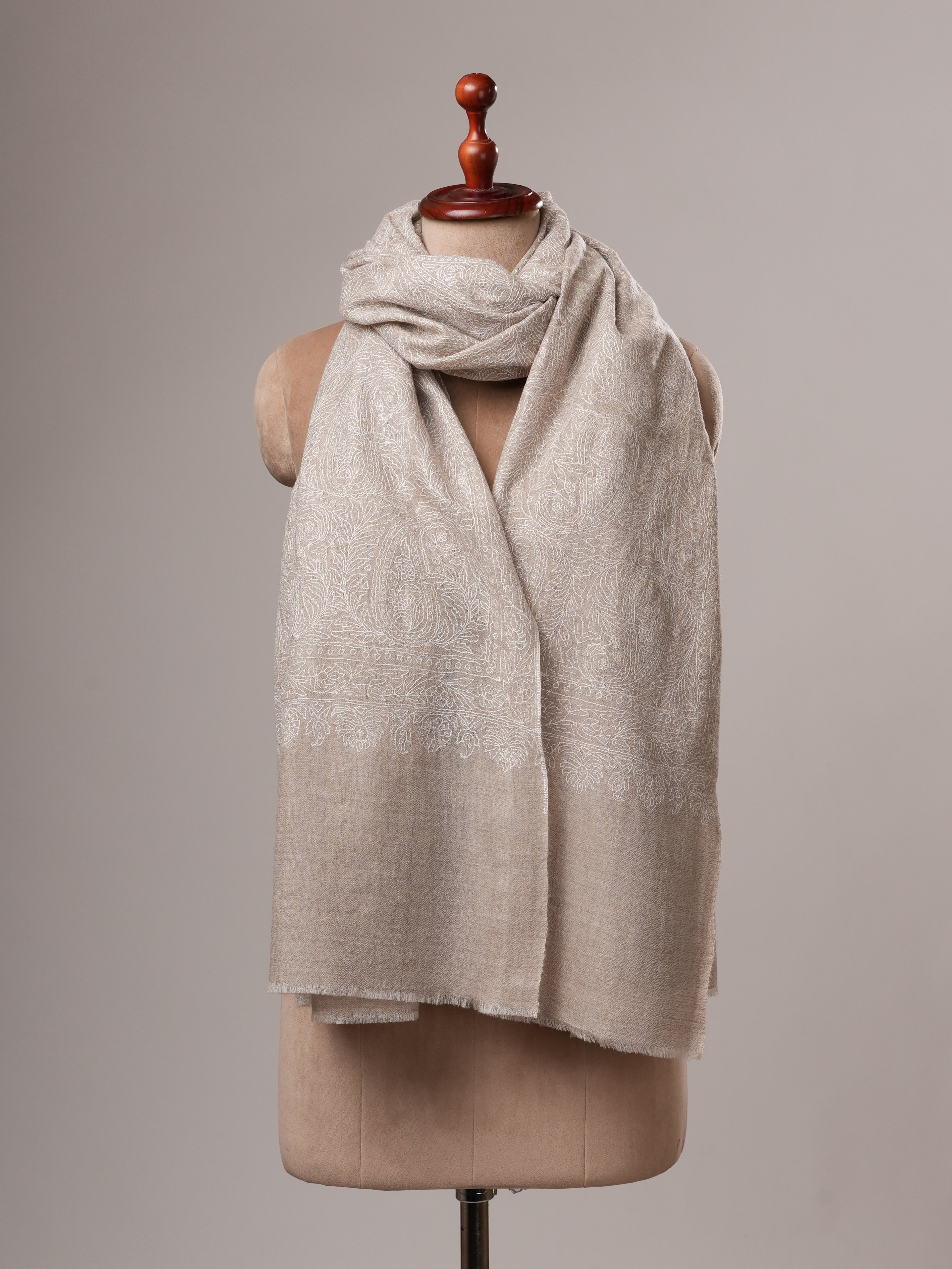 Natural Grey Indian Pashmina Shawl with All-Over White Embroidery Shahkaar