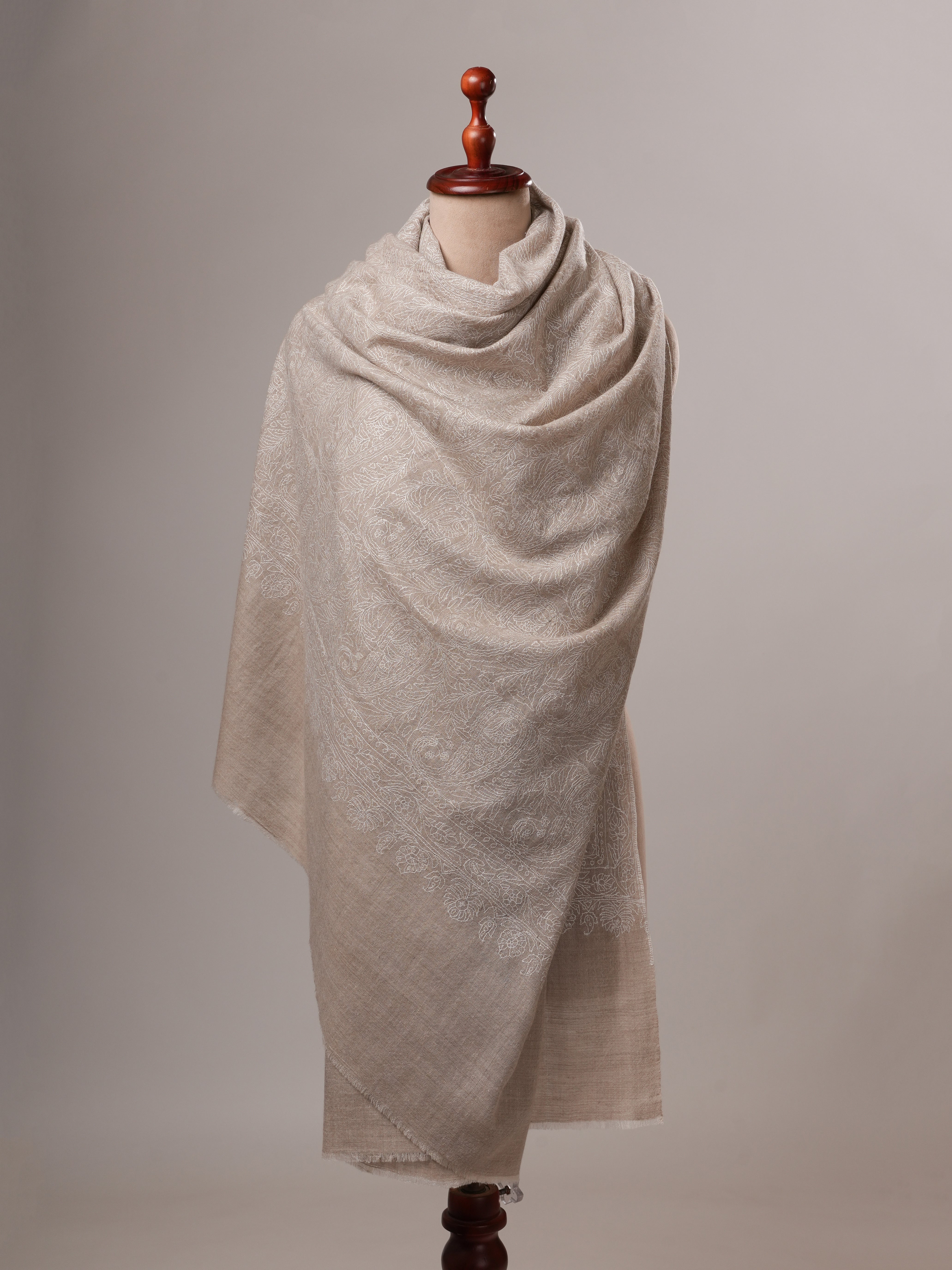 Natural Grey Indian Pashmina Shawl with All-Over White Embroidery Shahkaar