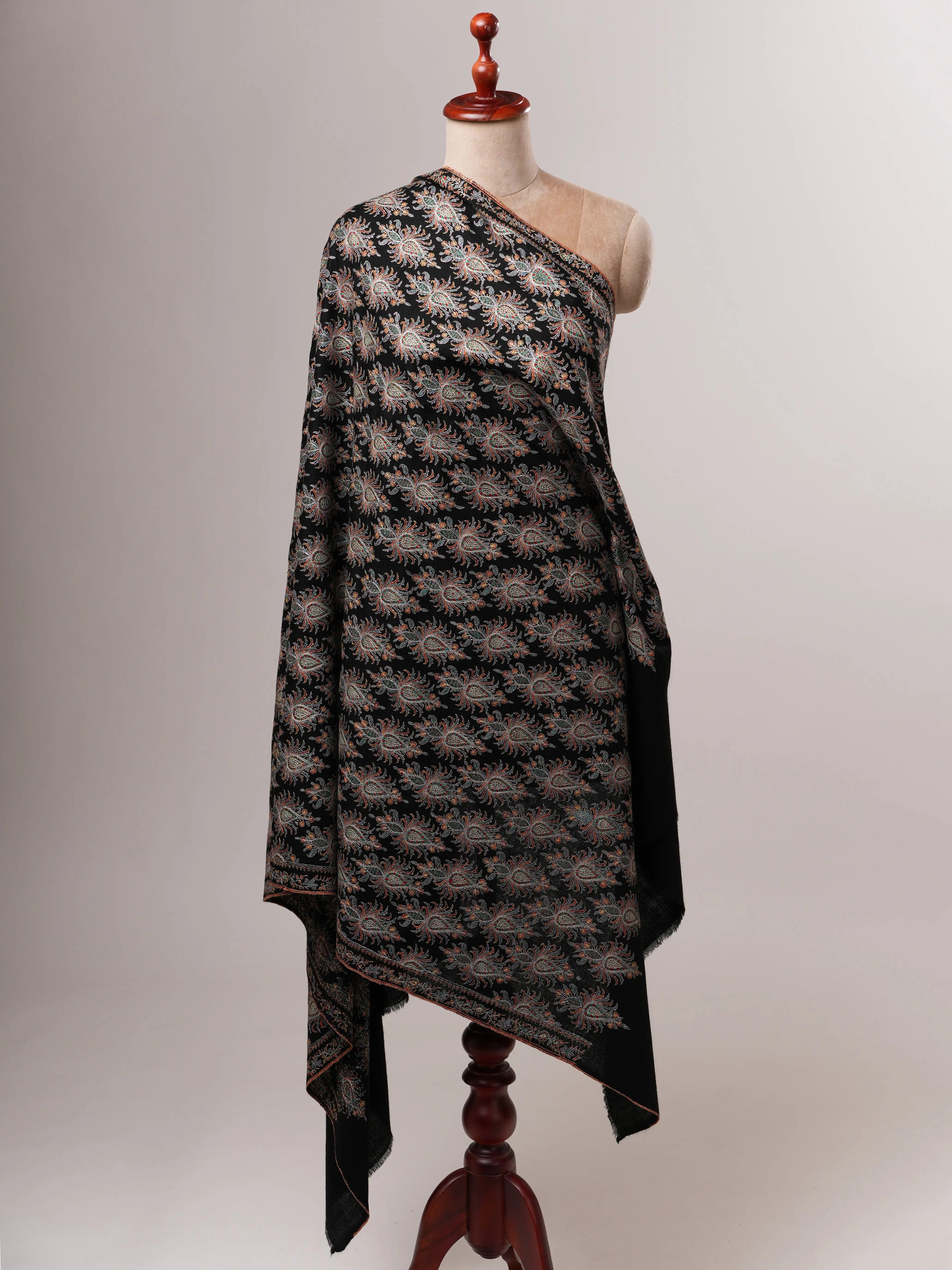 Black Hand-Embroidered Neem Jamavar Pashmina Shawl Shahkaar
