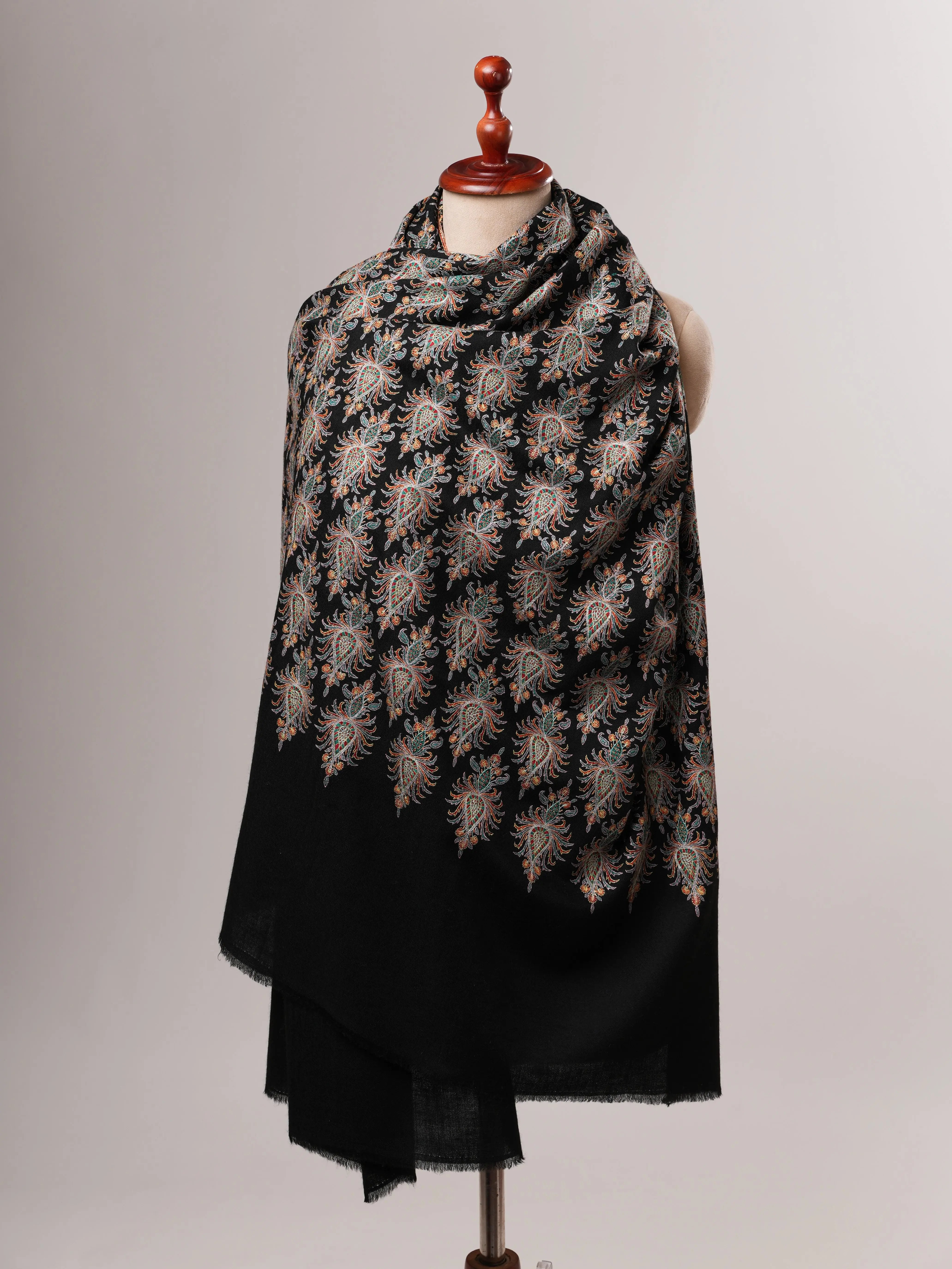 Black Hand-Embroidered Neem Jamavar Pashmina Shawl Shahkaar