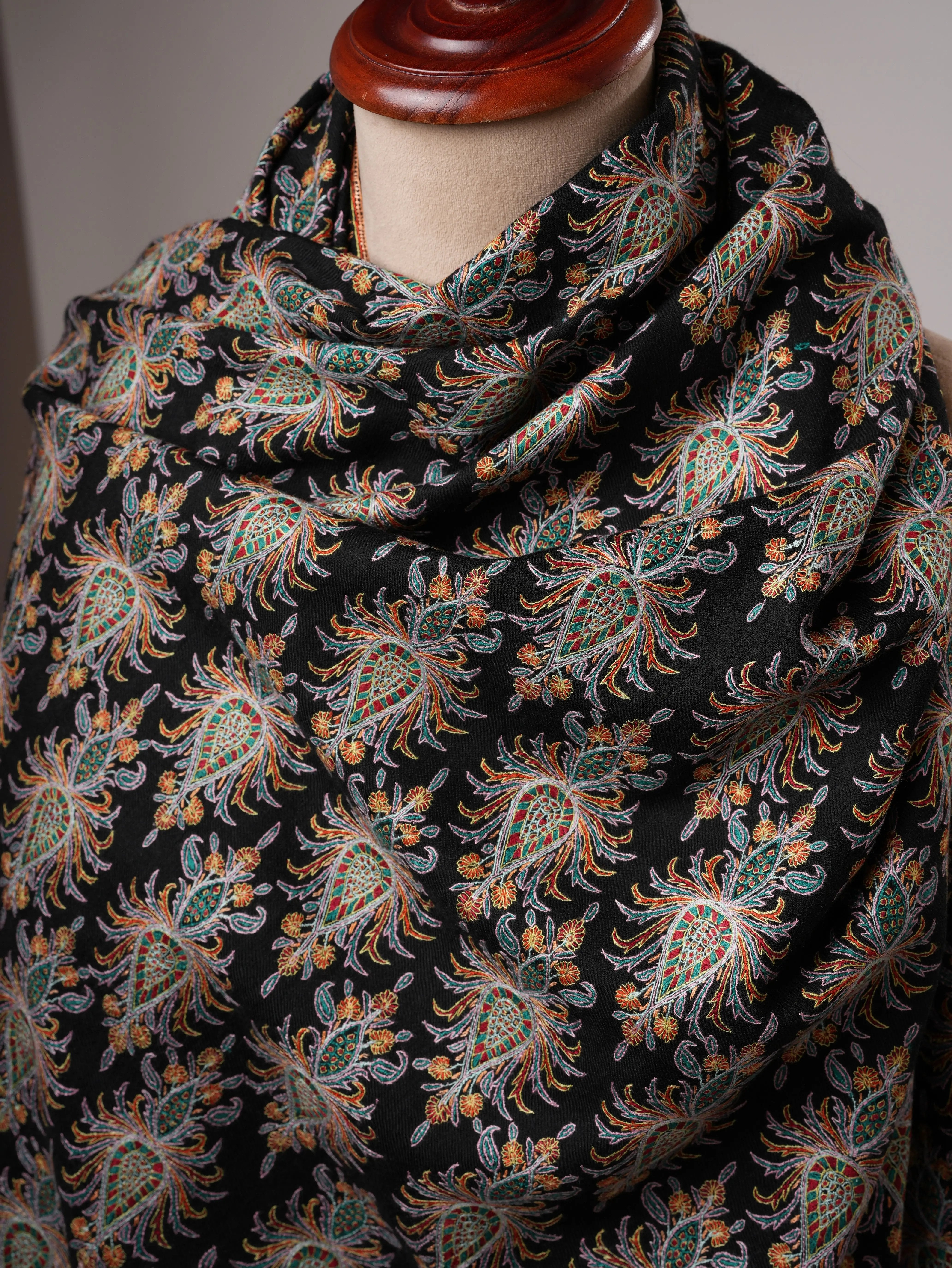Black Hand-Embroidered Neem Jamavar Pashmina Shawl Shahkaar