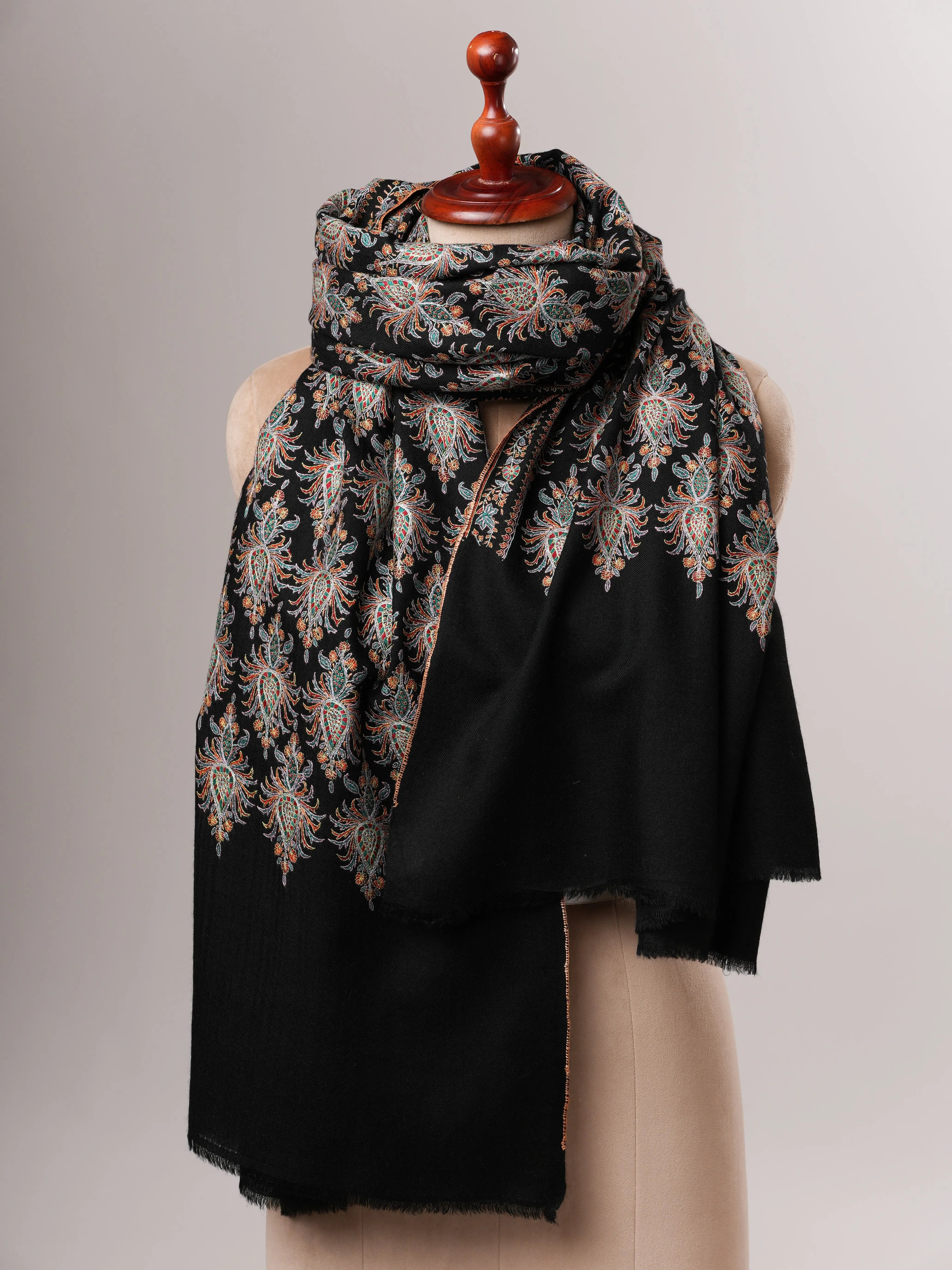 Black Hand-Embroidered Neem Jamavar Pashmina Shawl Shahkaar