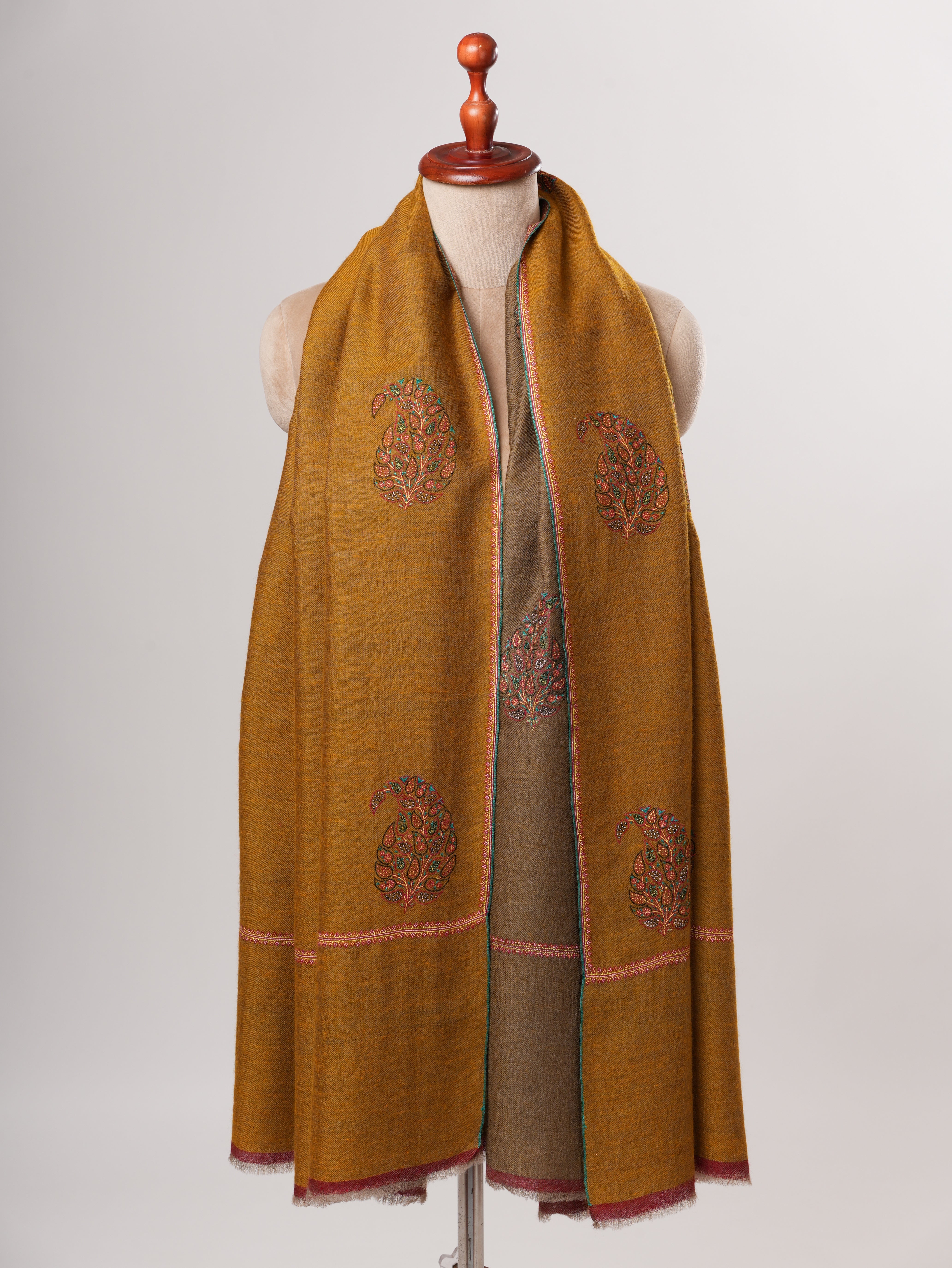 Dual Tone Handwoven Pashmina Shawl with Hand Embroidered Buteh Shahkaar