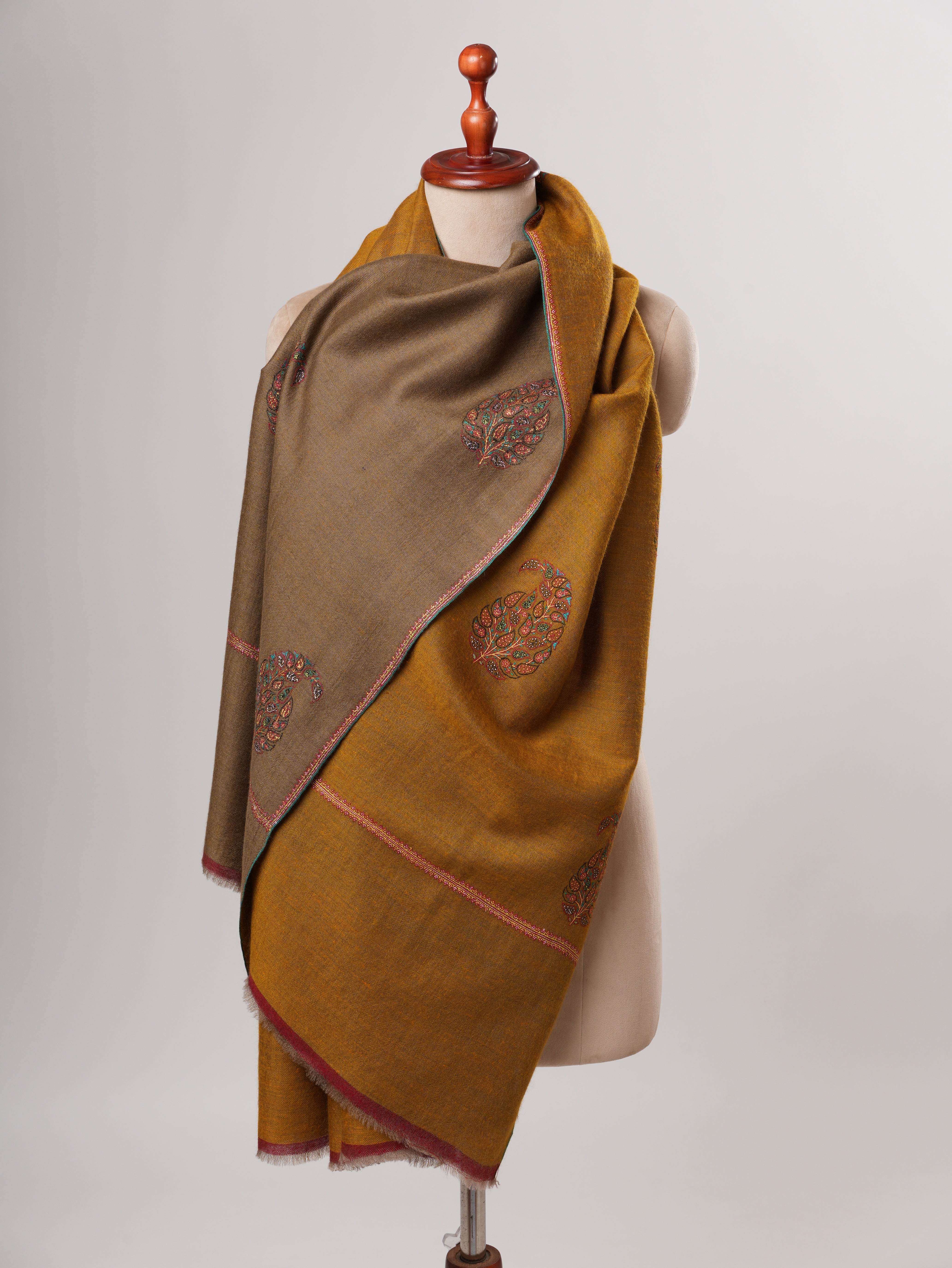 Dual Tone Handwoven Pashmina Shawl with Hand Embroidered Buteh Shahkaar