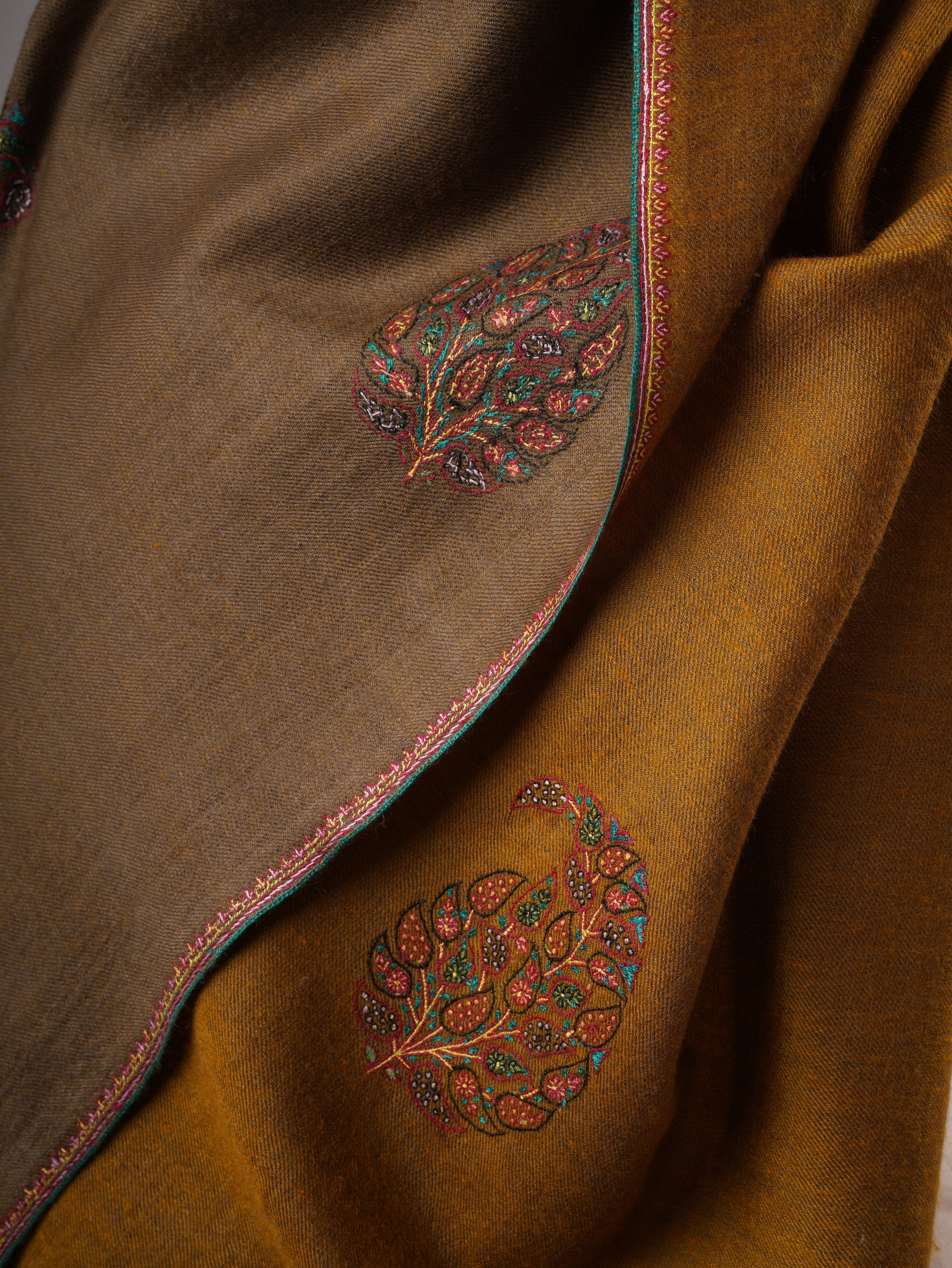 Dual Tone Handwoven Pashmina Shawl with Hand Embroidered Buteh Shahkaar