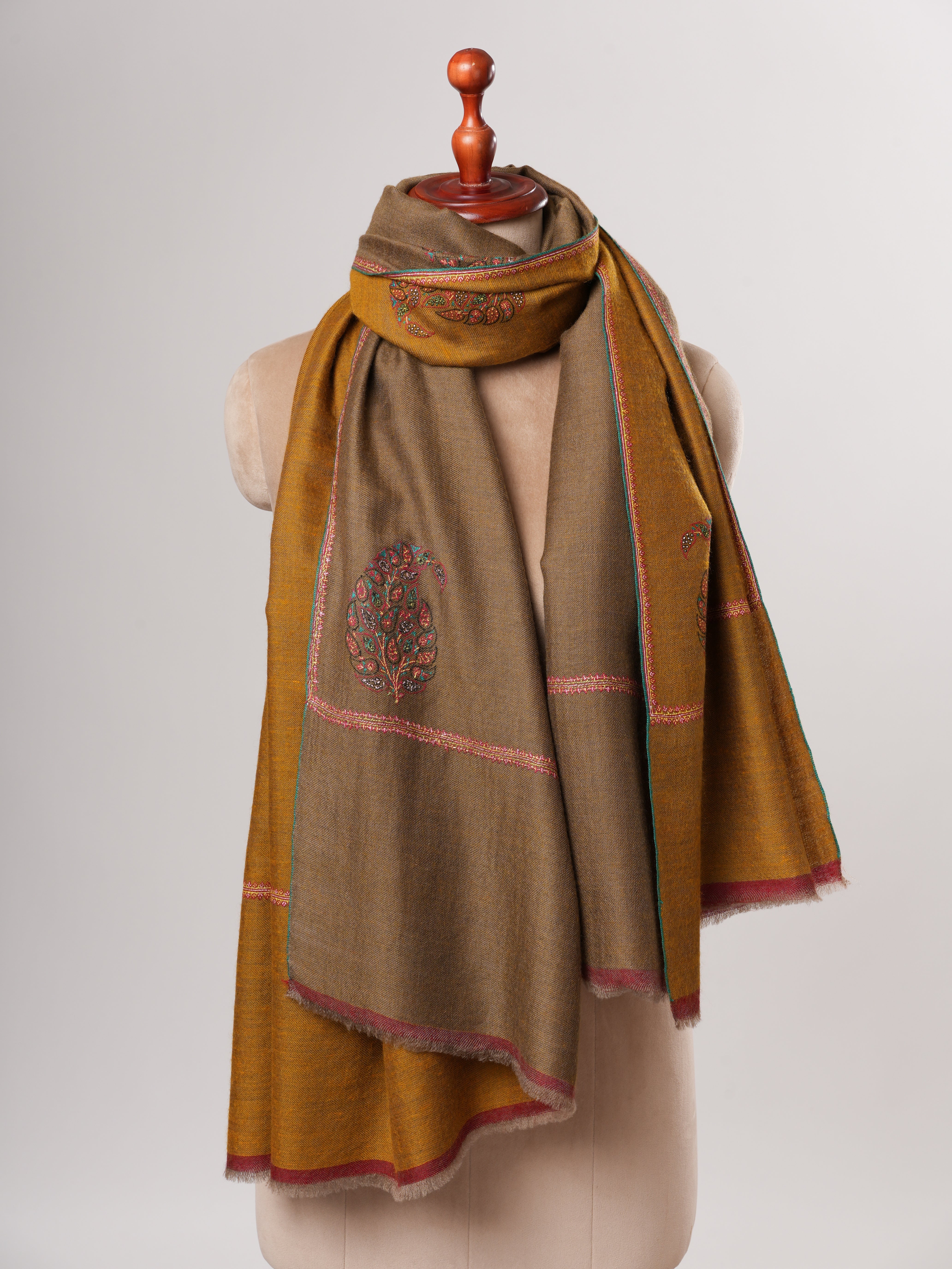 Dual Tone Handwoven Pashmina Shawl with Hand Embroidered Buteh Shahkaar