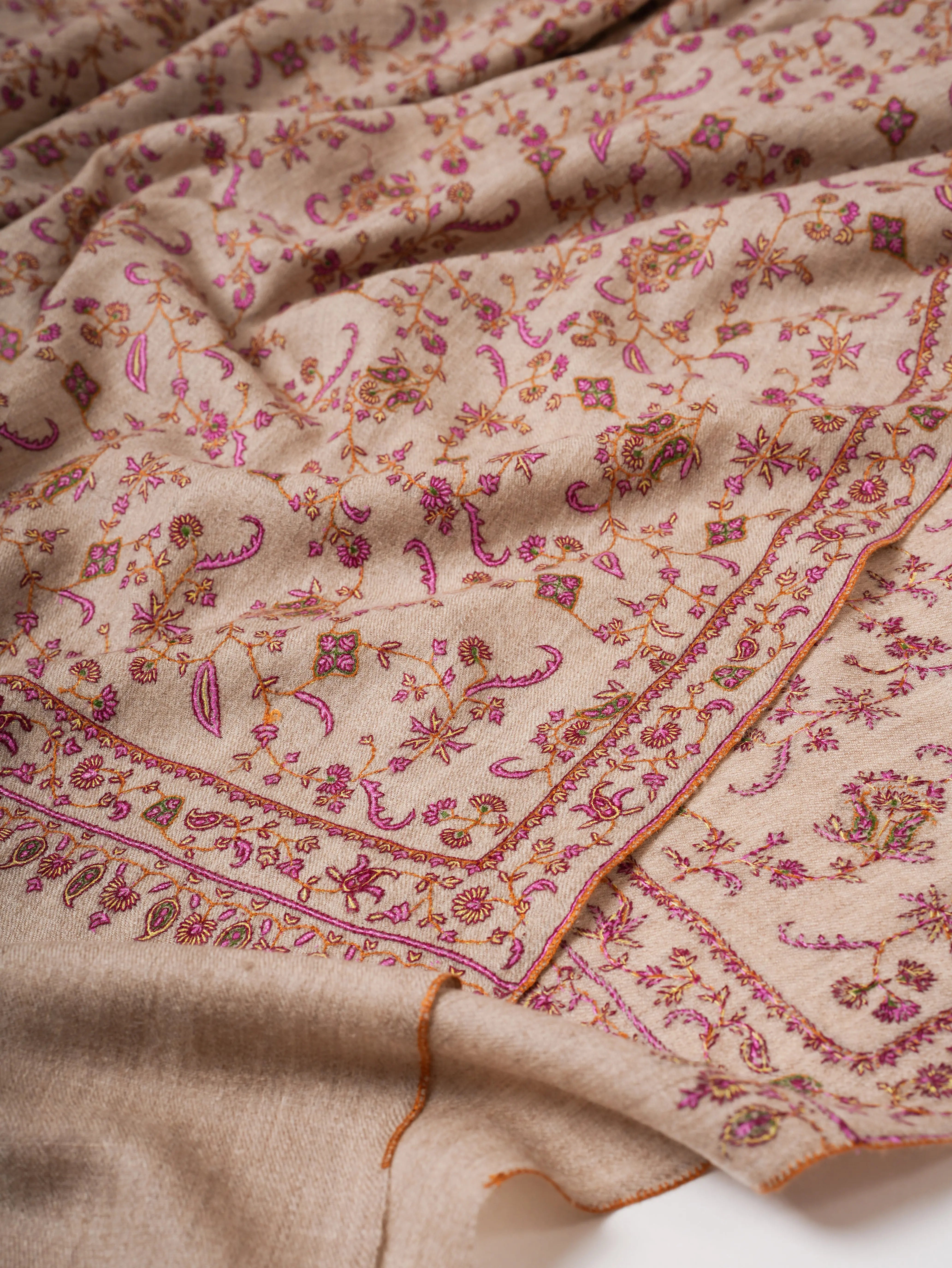Natural Grey Sozni Hand Embroidered Pashmina Shawl Shahkaar