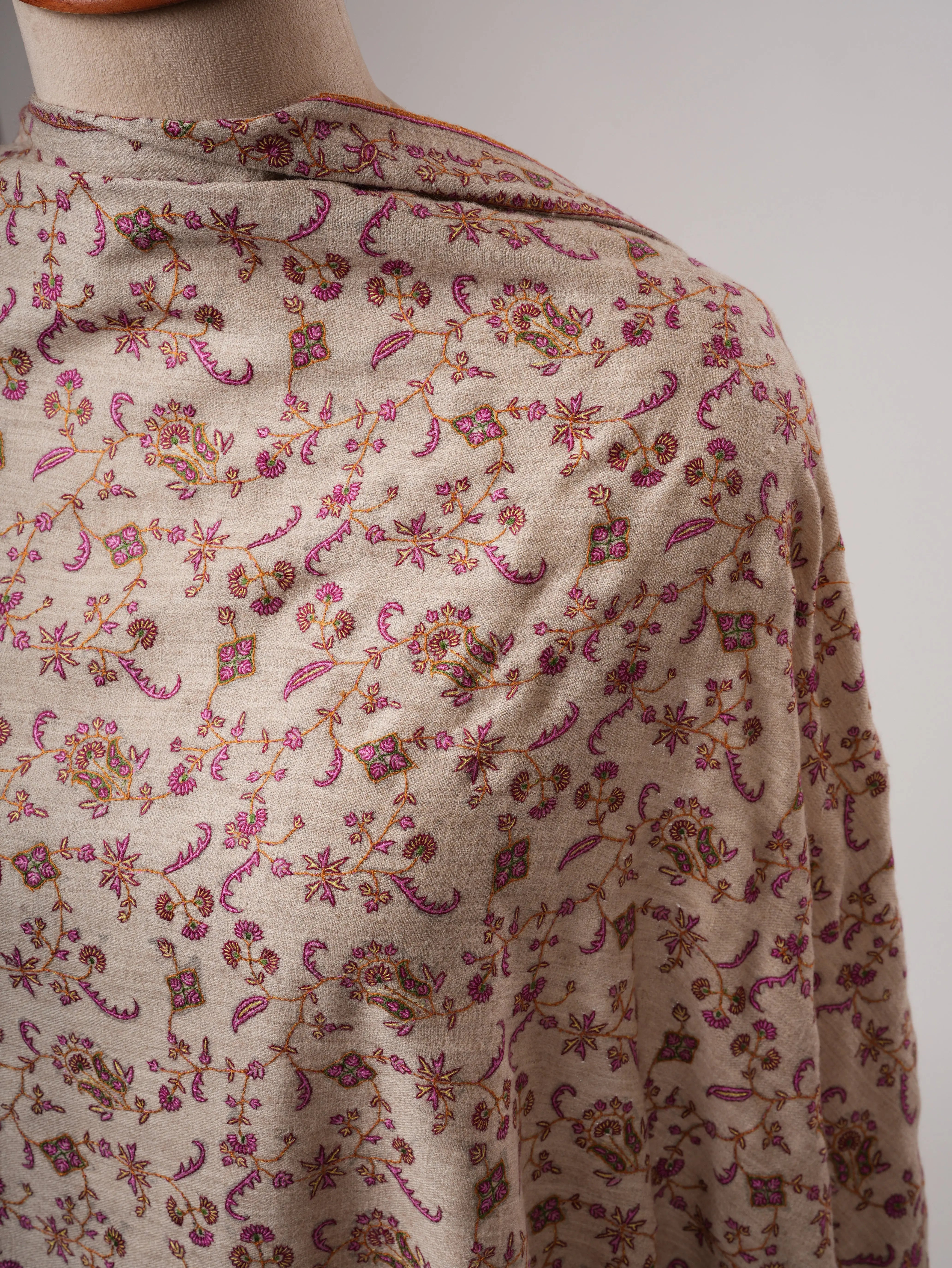 Natural Grey Sozni Hand Embroidered Pashmina Shawl Shahkaar