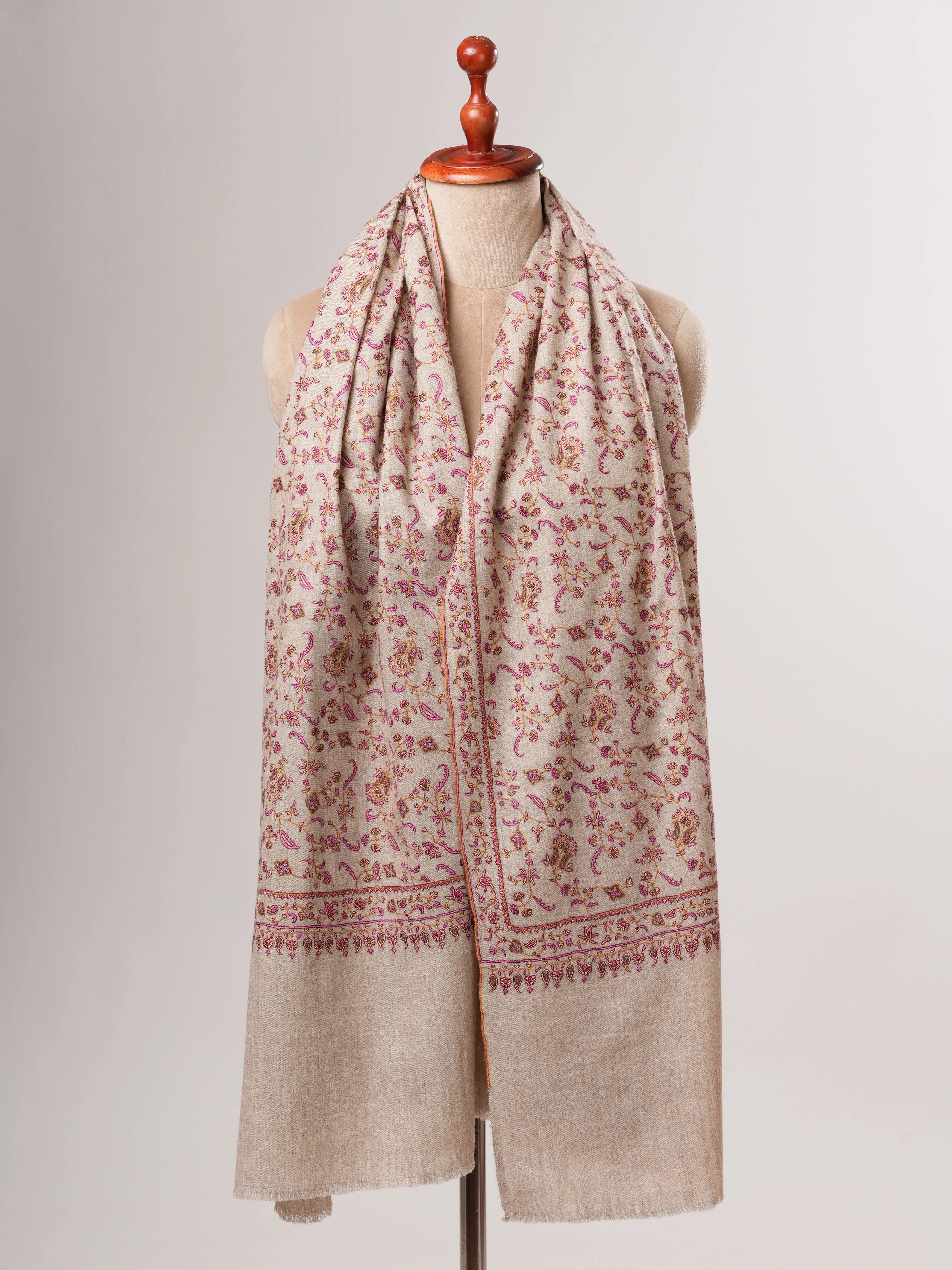 Natural Grey Sozni Hand Embroidered Pashmina Shawl Shahkaar