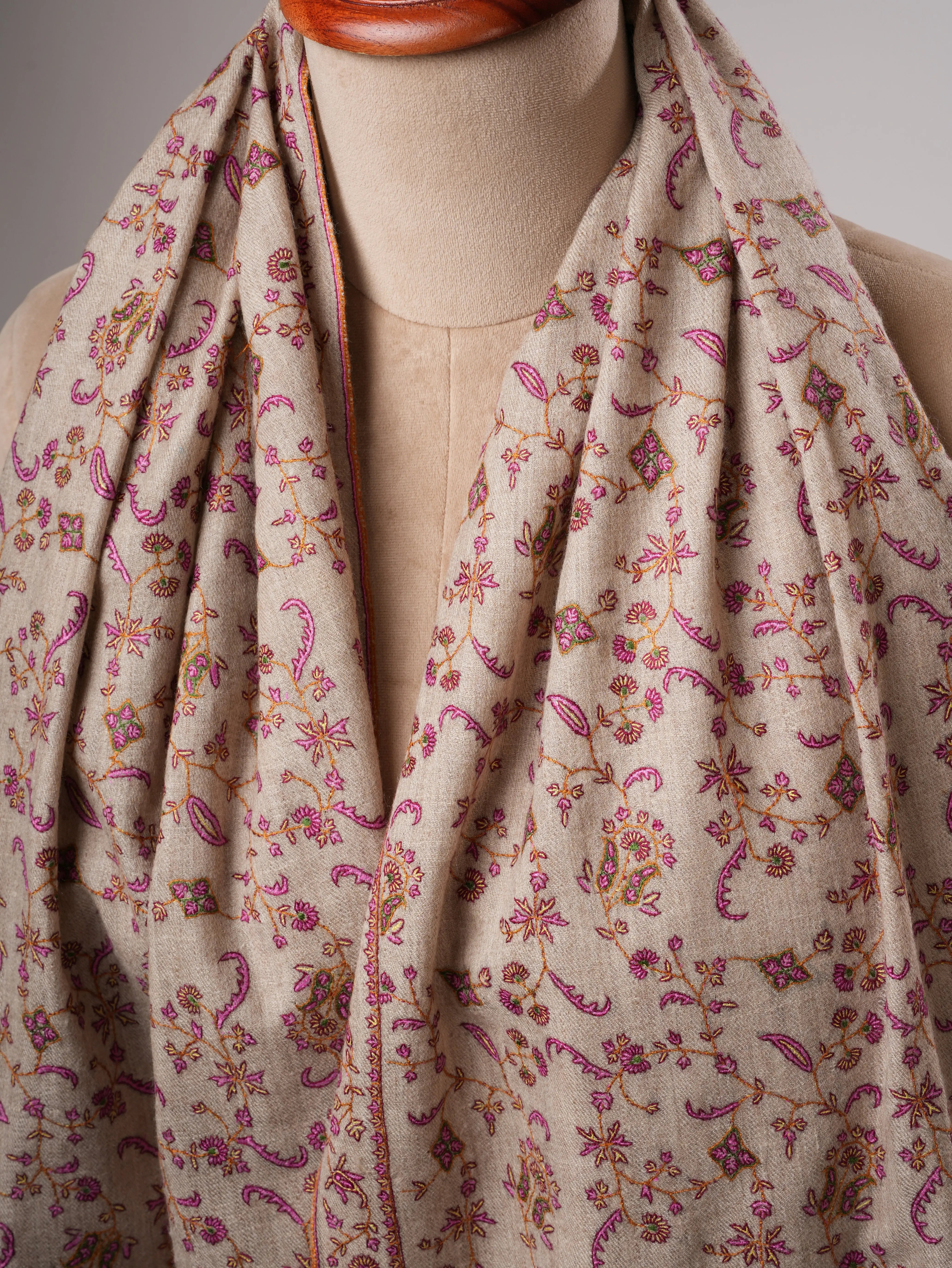 Natural Grey Sozni Hand Embroidered Pashmina Shawl Shahkaar