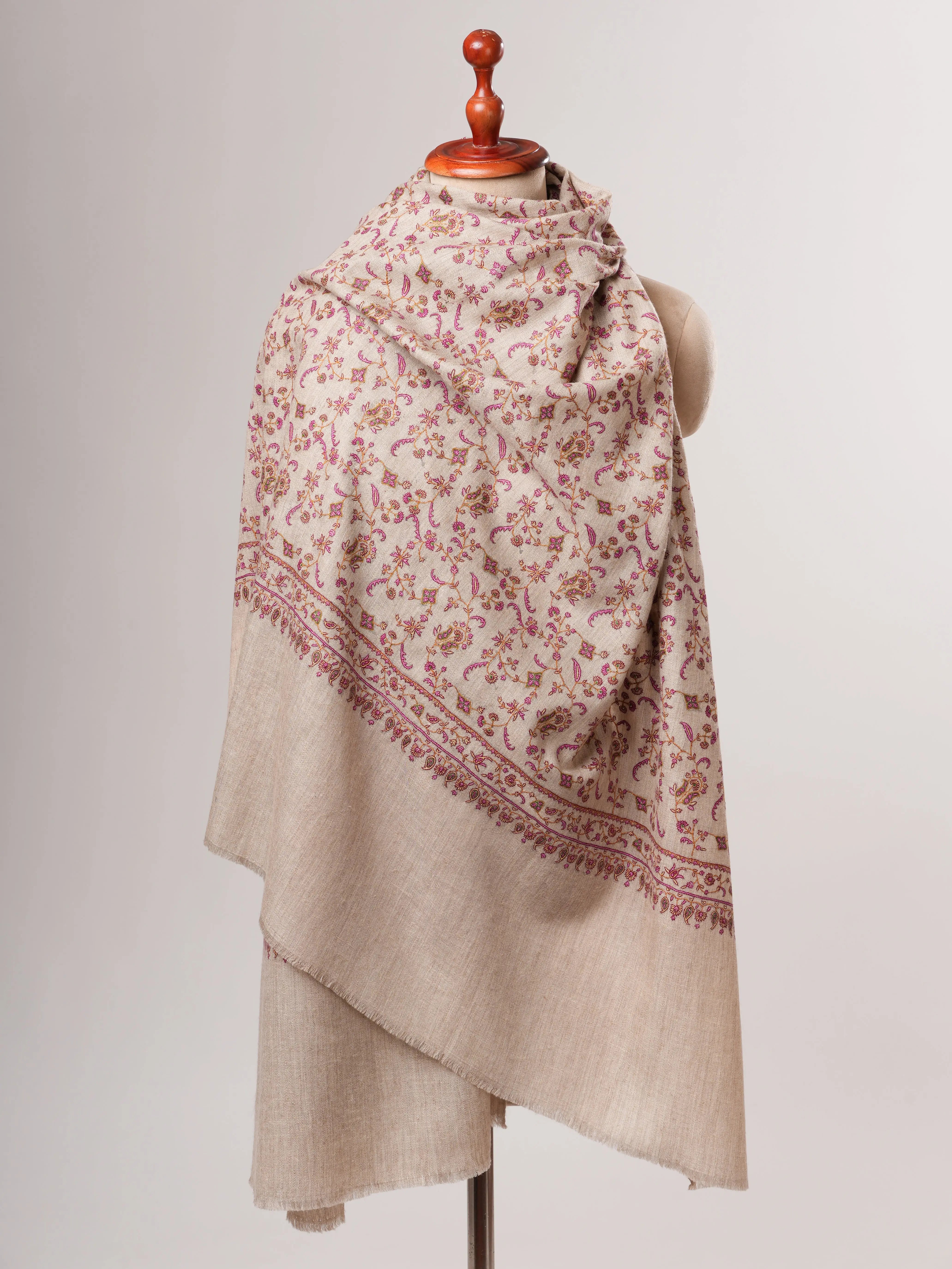 Natural Grey Sozni Hand Embroidered Pashmina Shawl Shahkaar