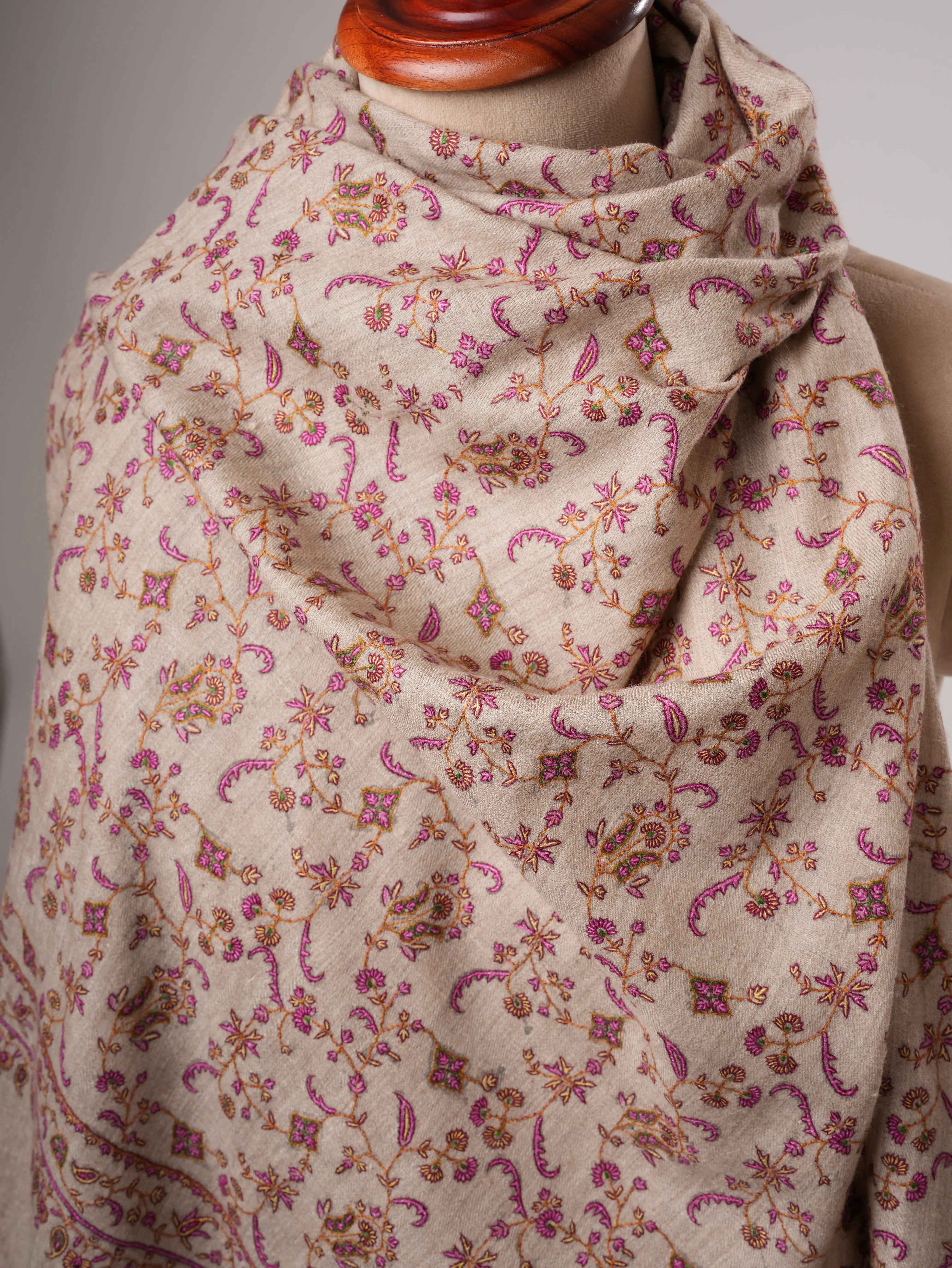 Natural Grey Sozni Hand Embroidered Pashmina Shawl Shahkaar