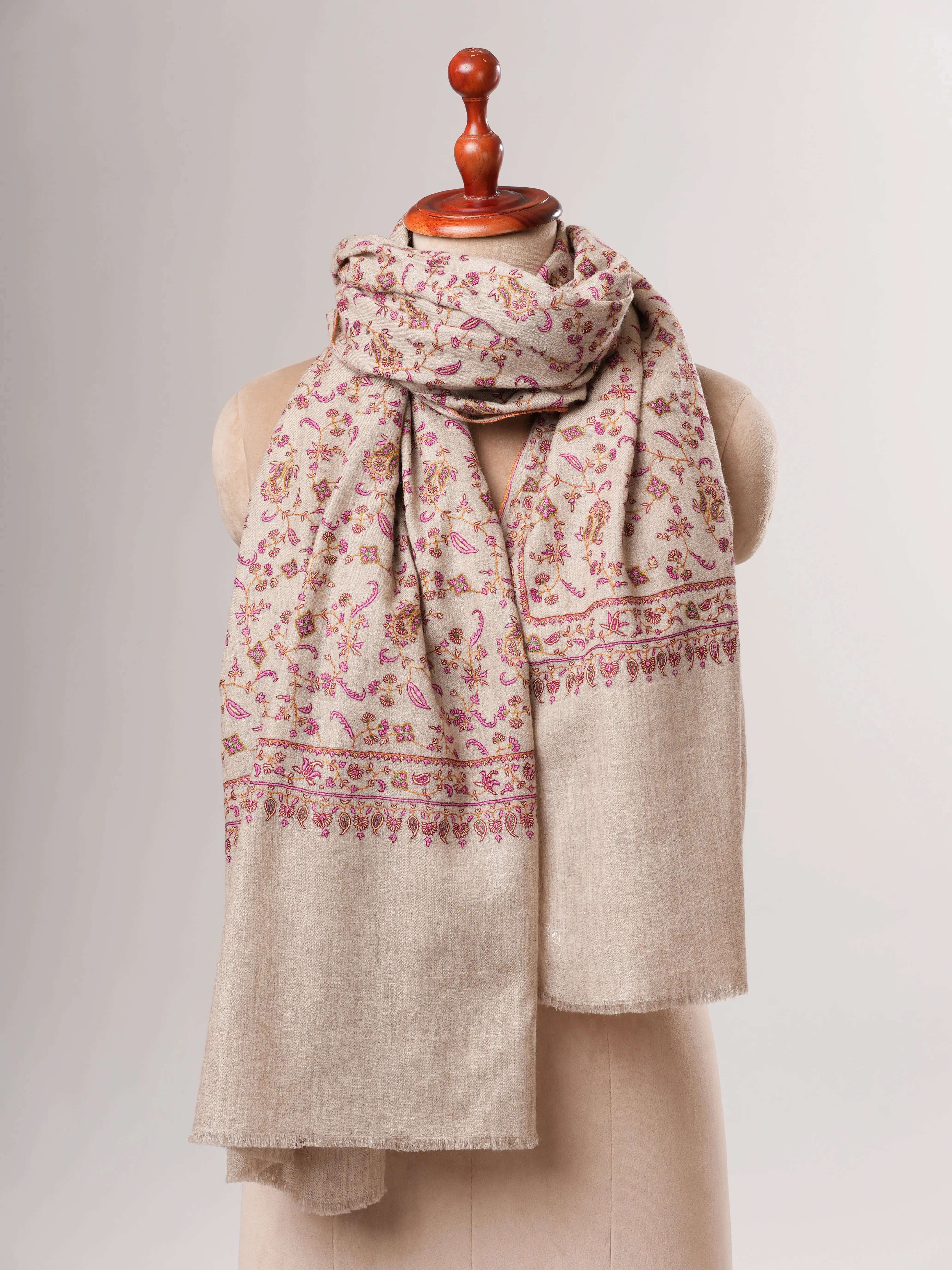 Natural Grey Sozni Hand Embroidered Pashmina Shawl Shahkaar