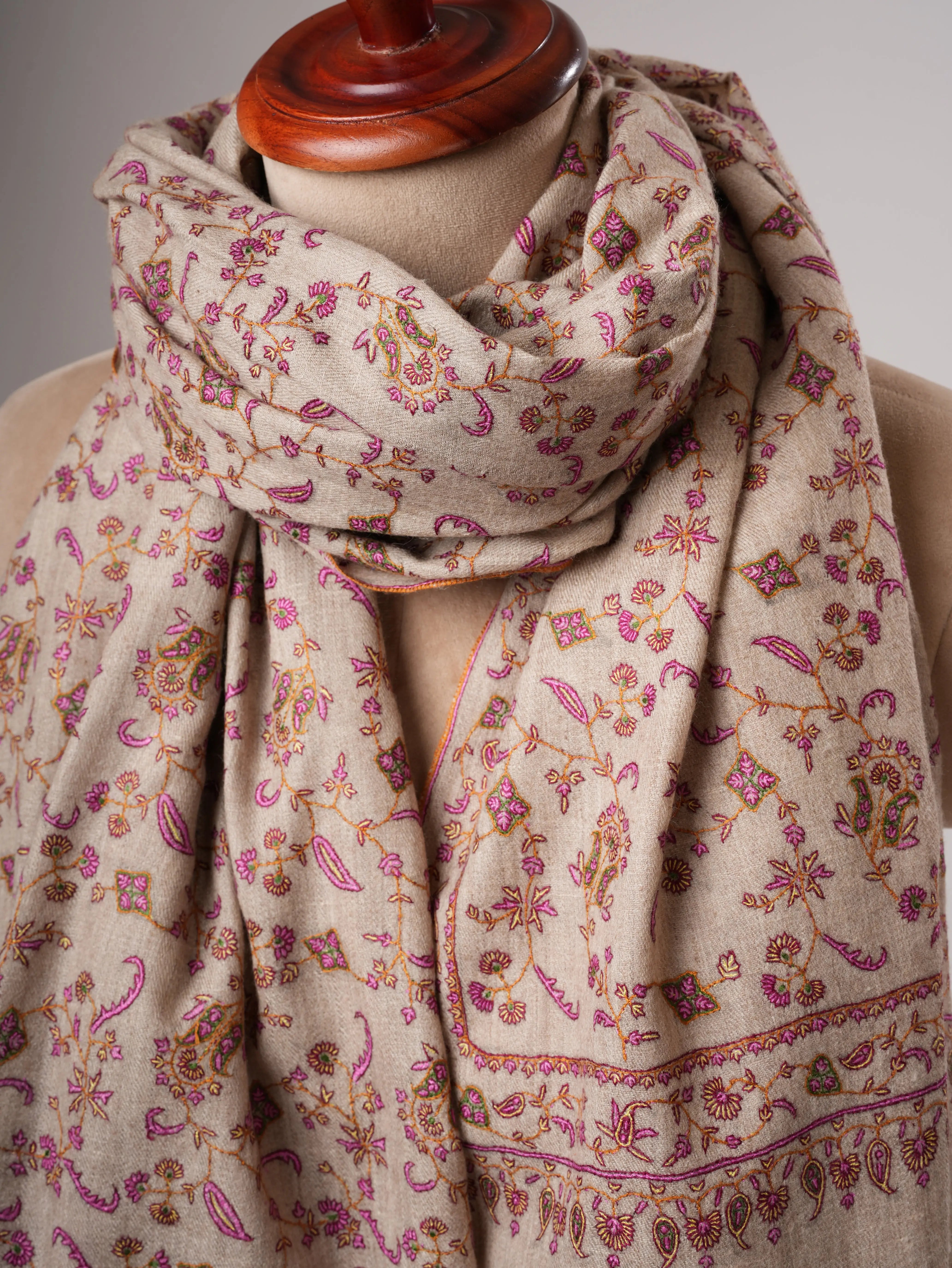 Natural Grey Sozni Hand Embroidered Pashmina Shawl Shahkaar
