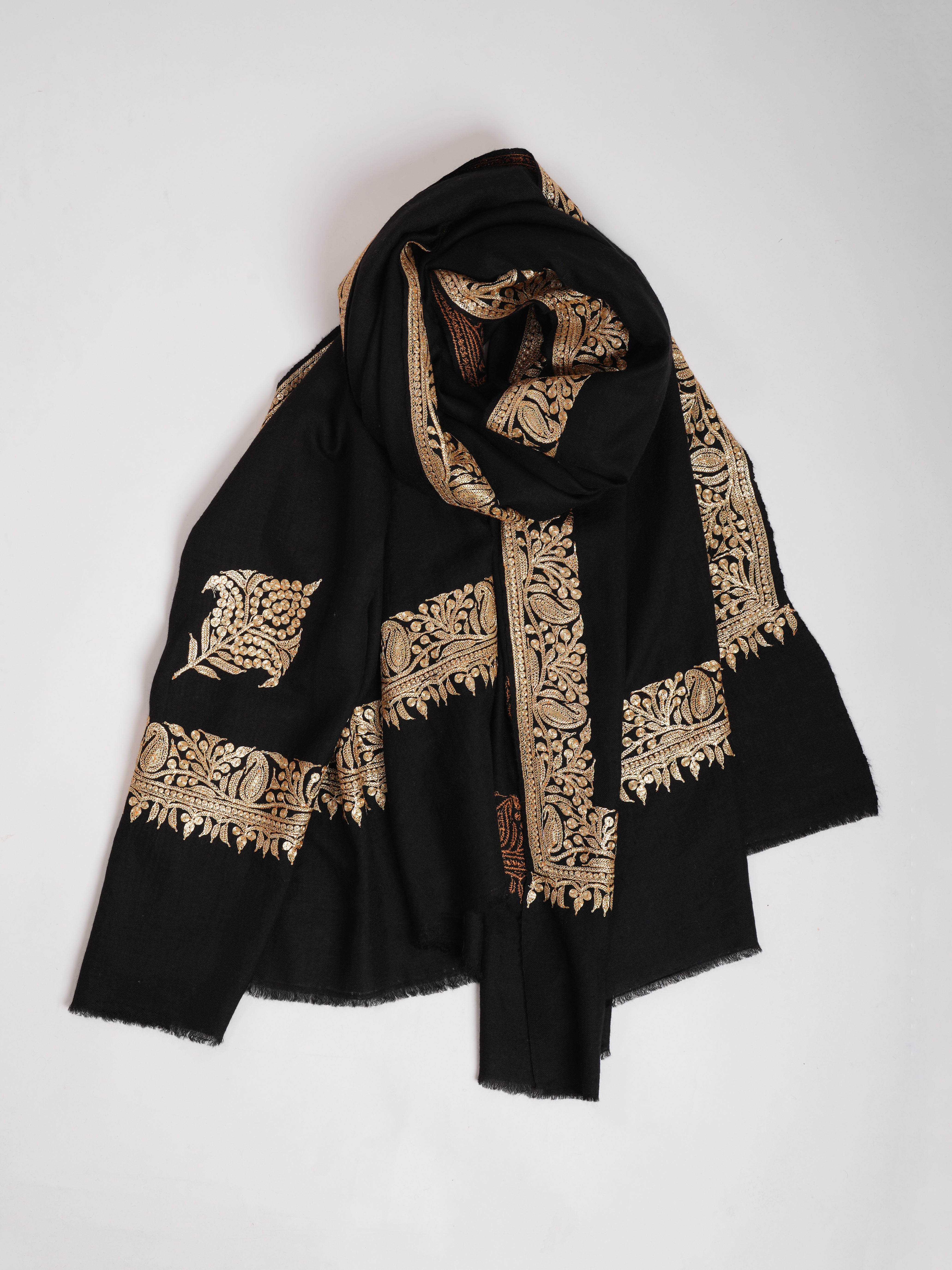 Black and Gold Tilla Embroidered Pure Pashmina Shawl