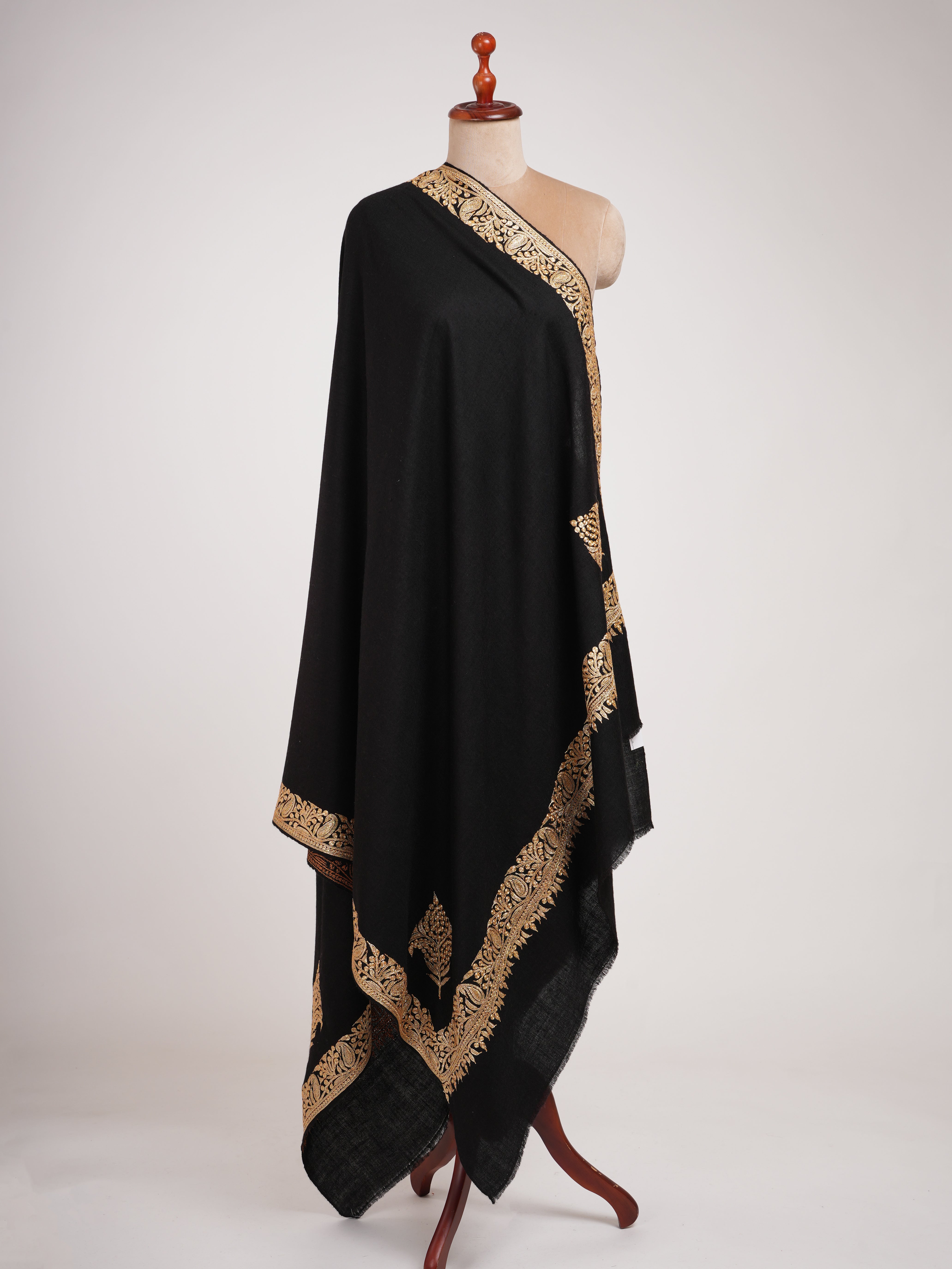 Black and Gold Tilla Embroidered Pure Pashmina Shawl