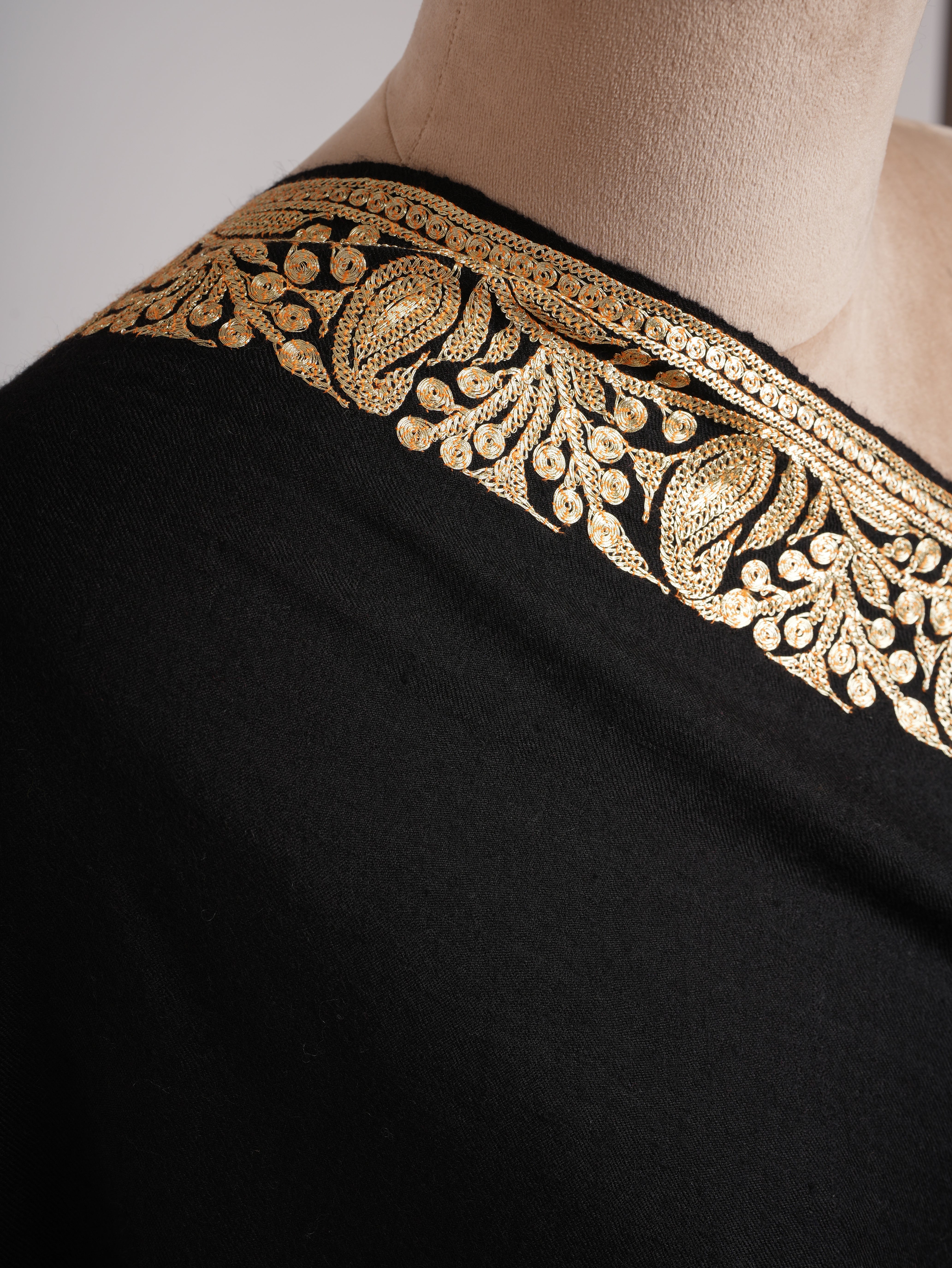 Black and Gold Tilla Embroidered Pure Pashmina Shawl