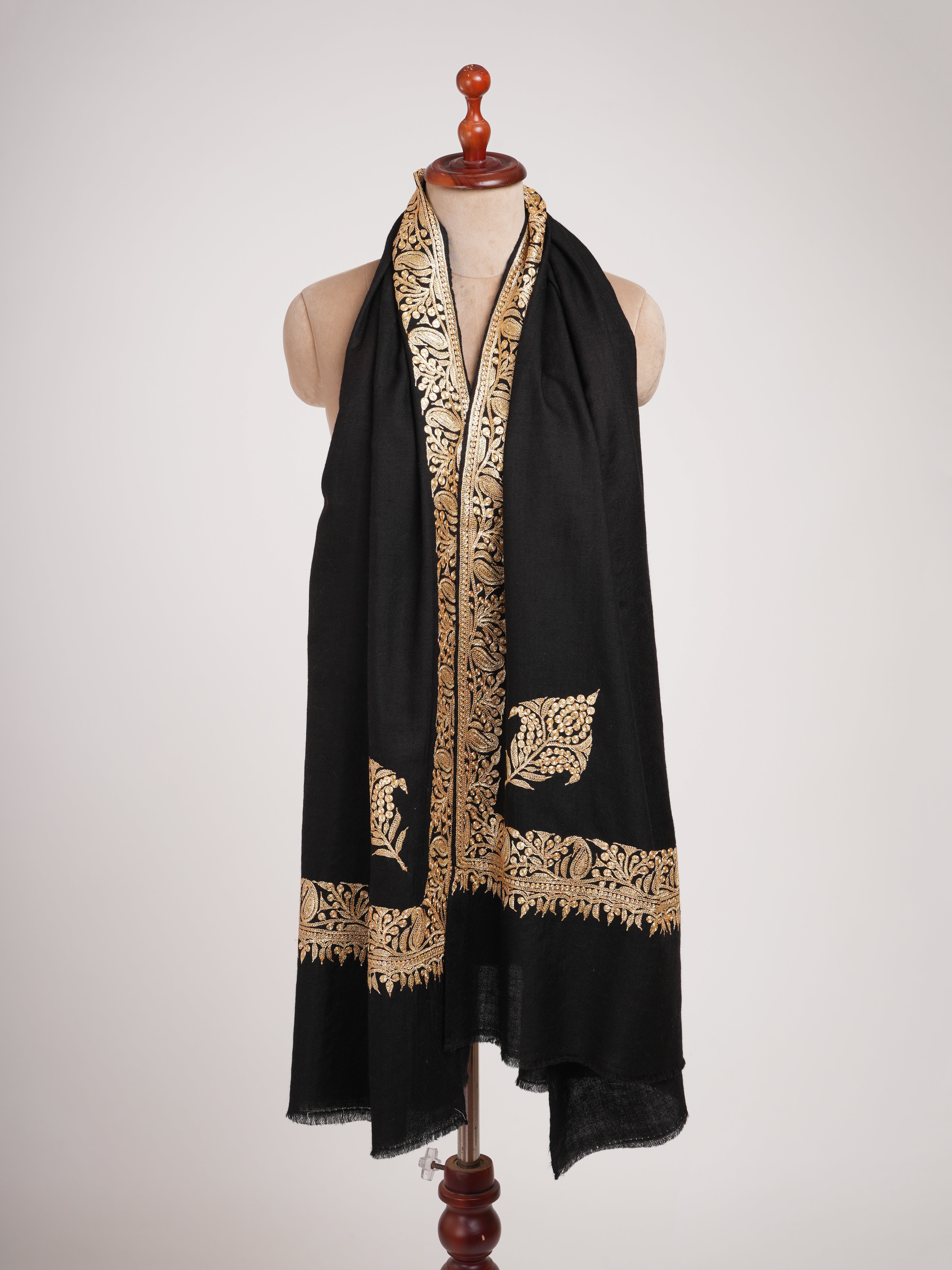 Black and Gold Tilla Embroidered Pure Pashmina Shawl