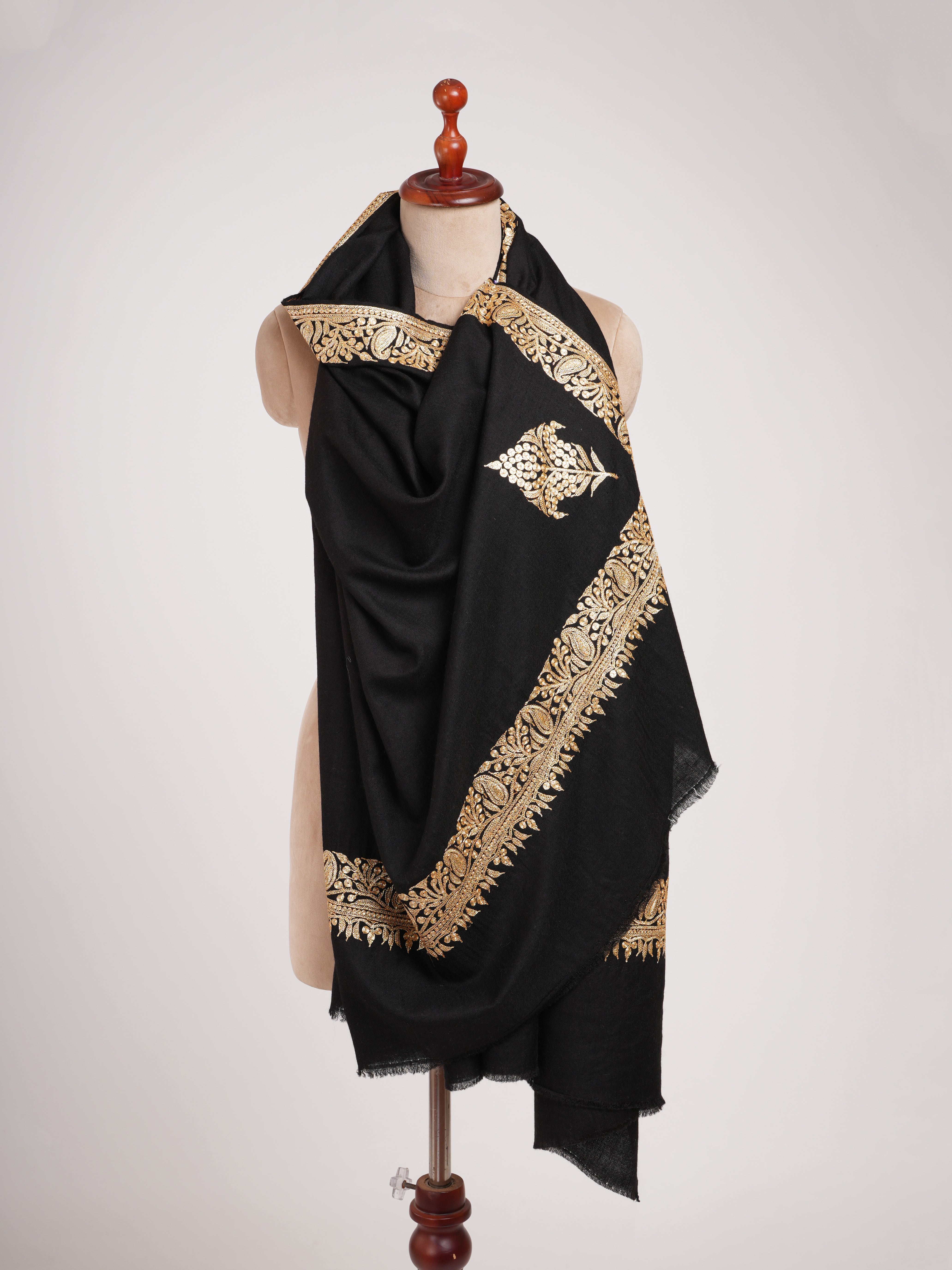 Black and Gold Tilla Embroidered Pure Pashmina Shawl