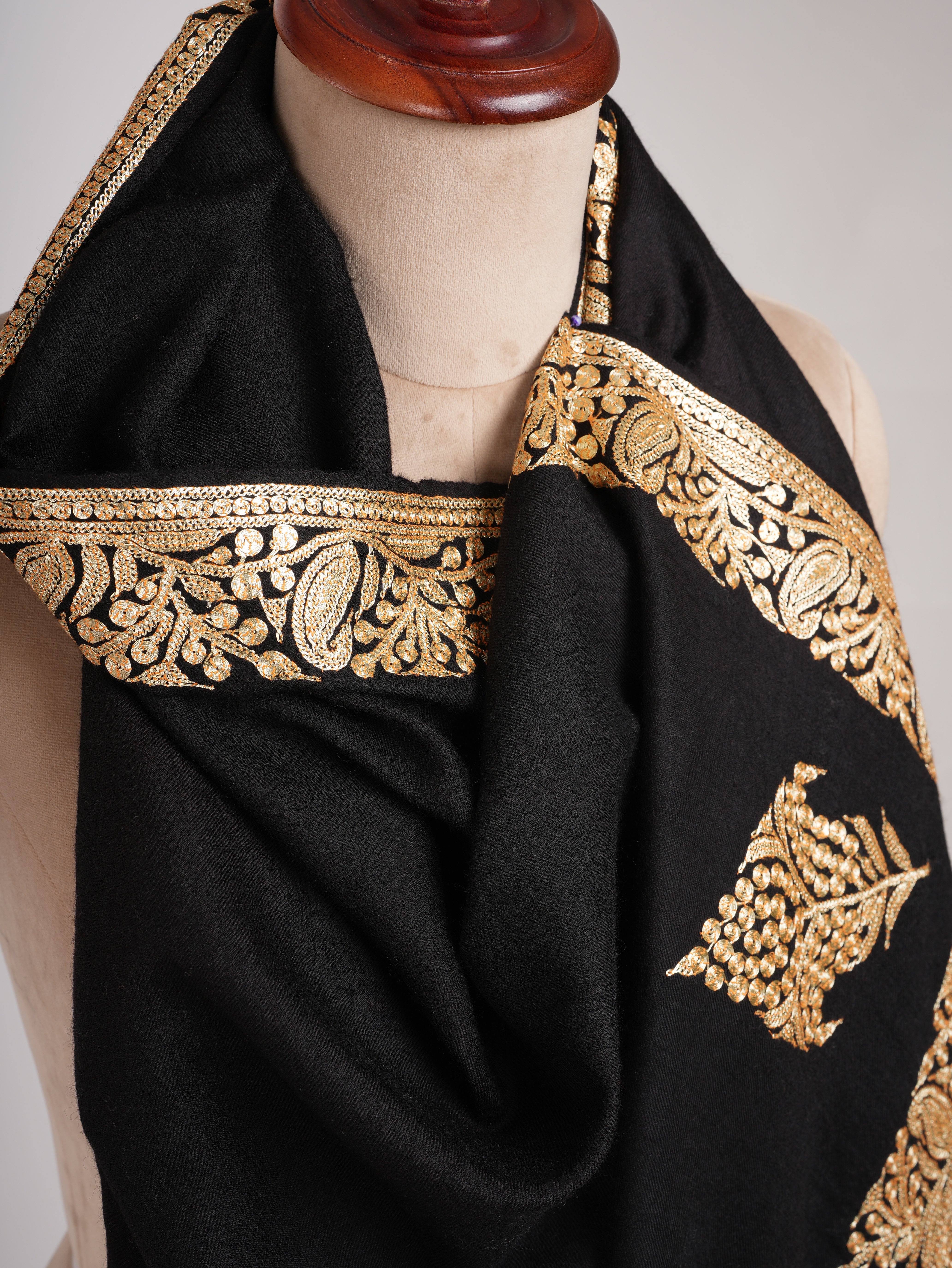 Black and Gold Tilla Embroidered Pure Pashmina Shawl