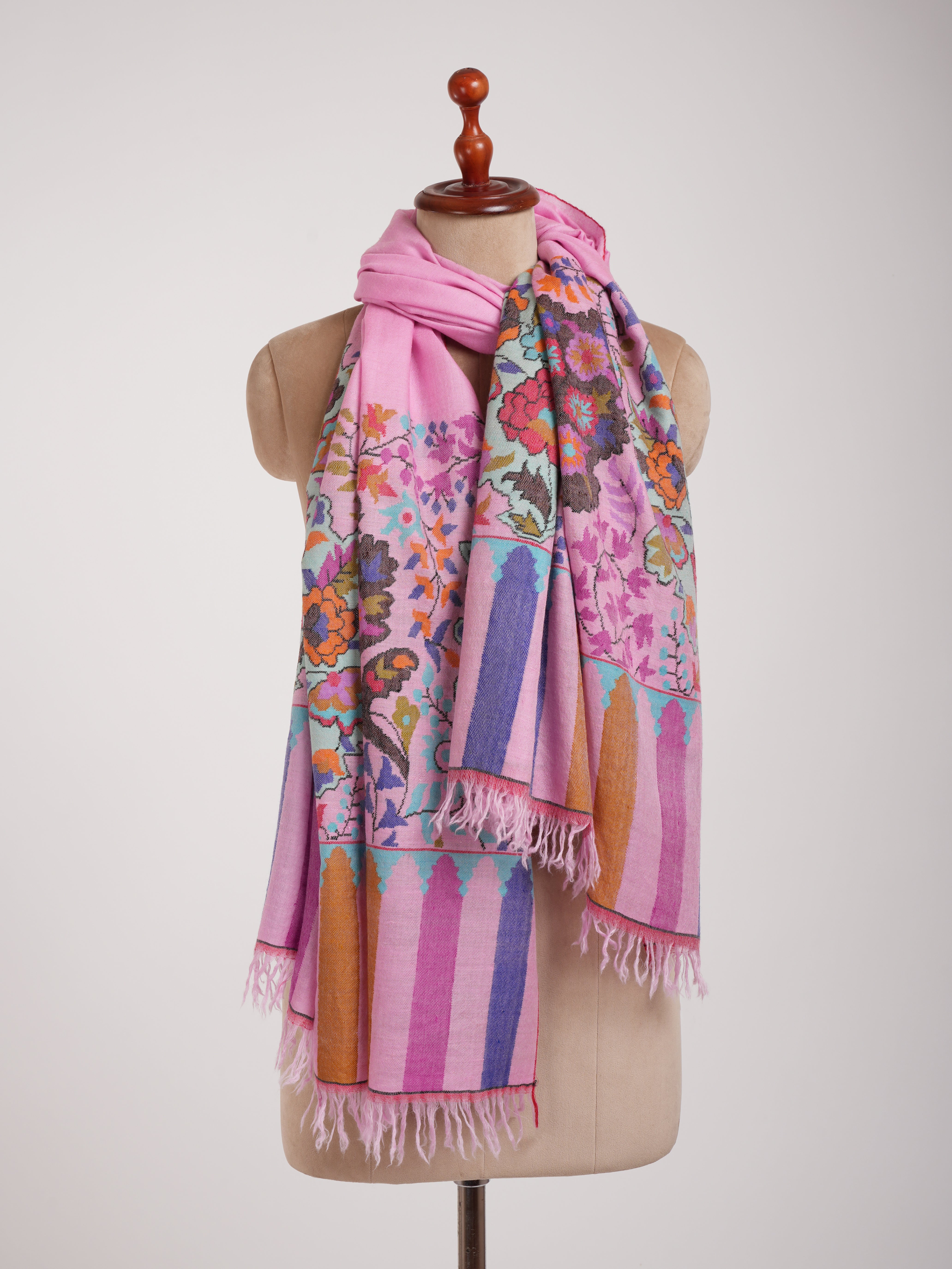 Palla Motif Handwoven Kashmiri Pink Kani Pashmina Shawl