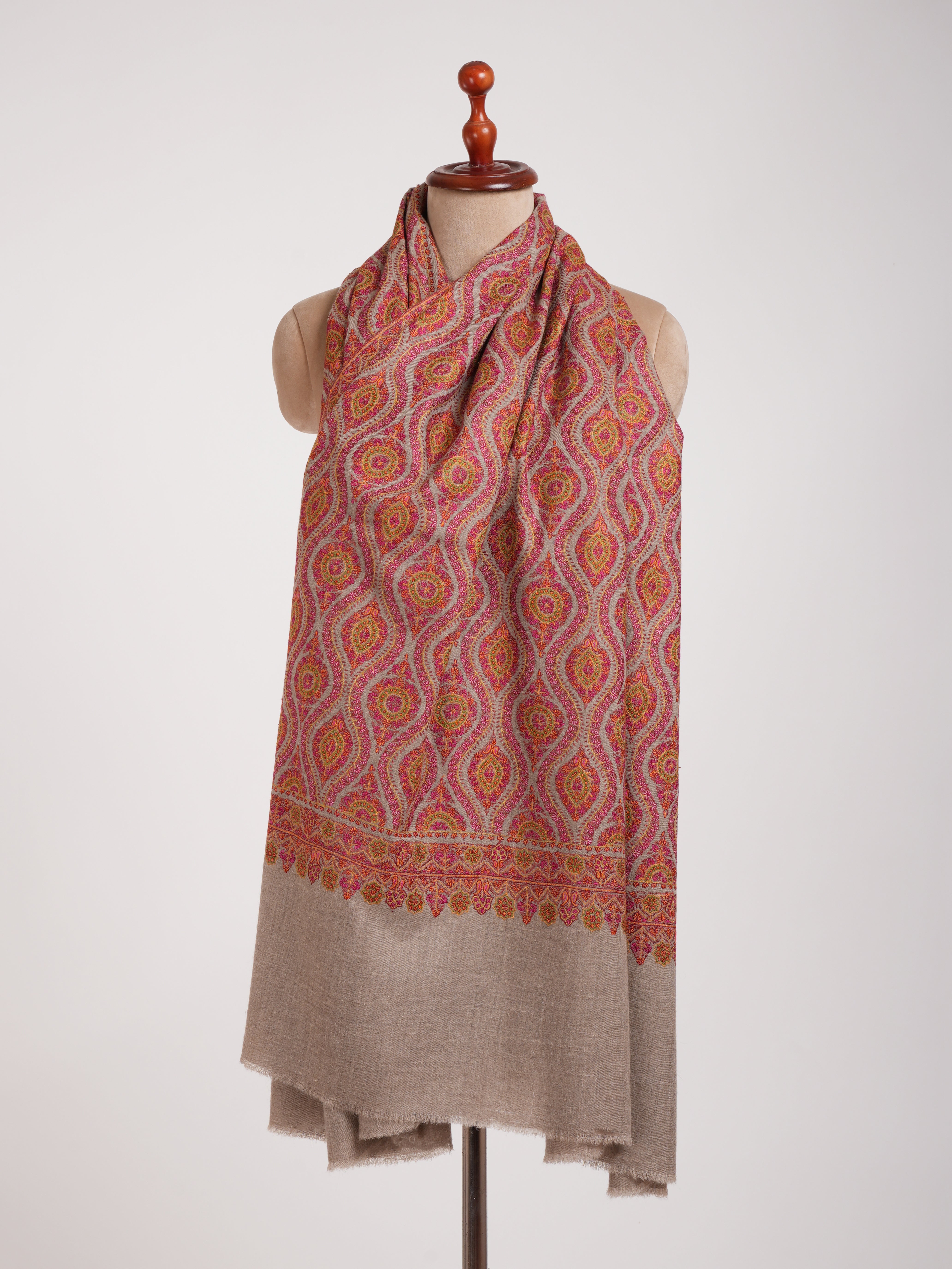 Hand Embroidered Natural Grey Pashmina Jamavar Shawl