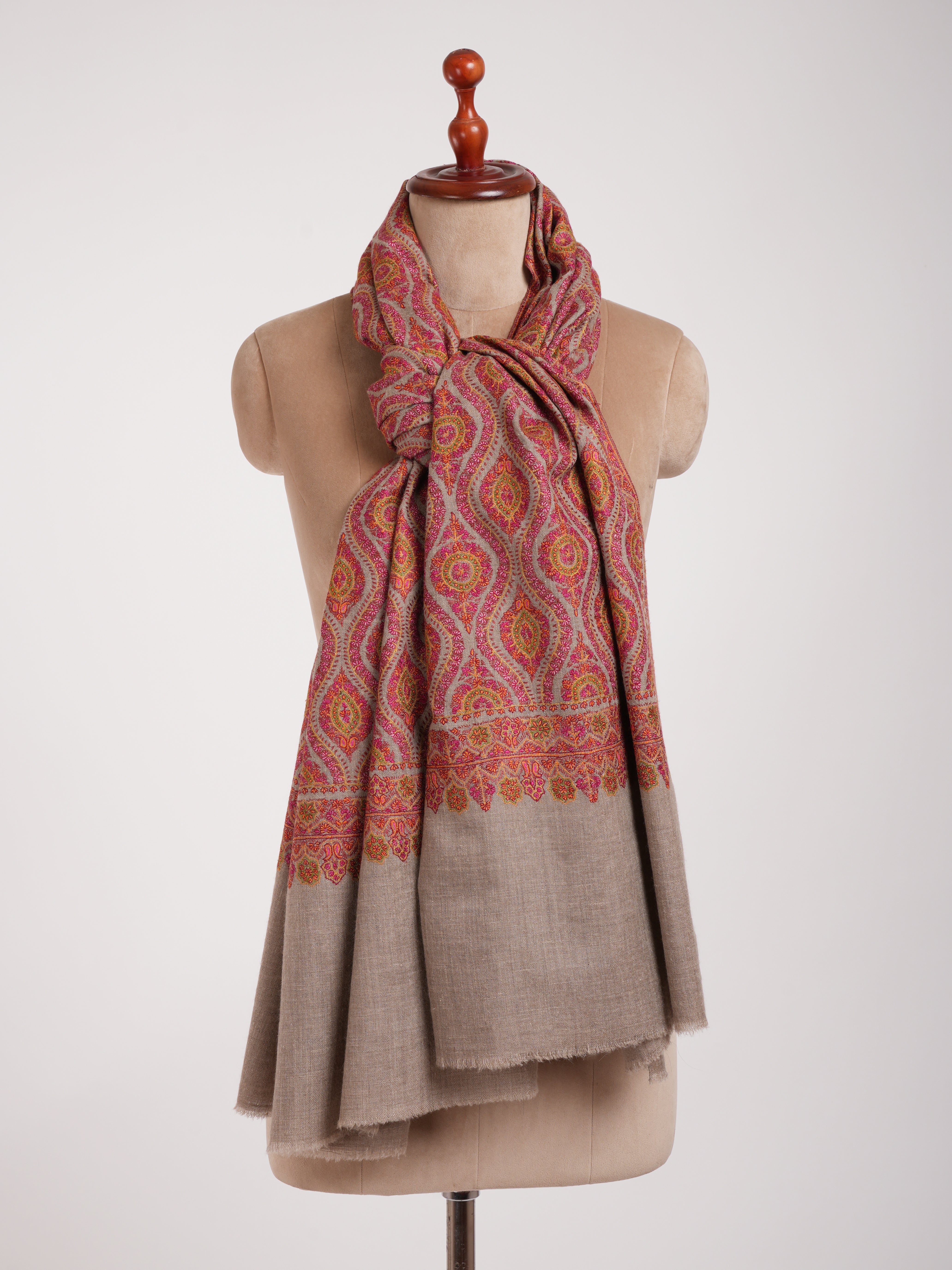 Hand Embroidered Natural Grey Pashmina Jamavar Shawl
