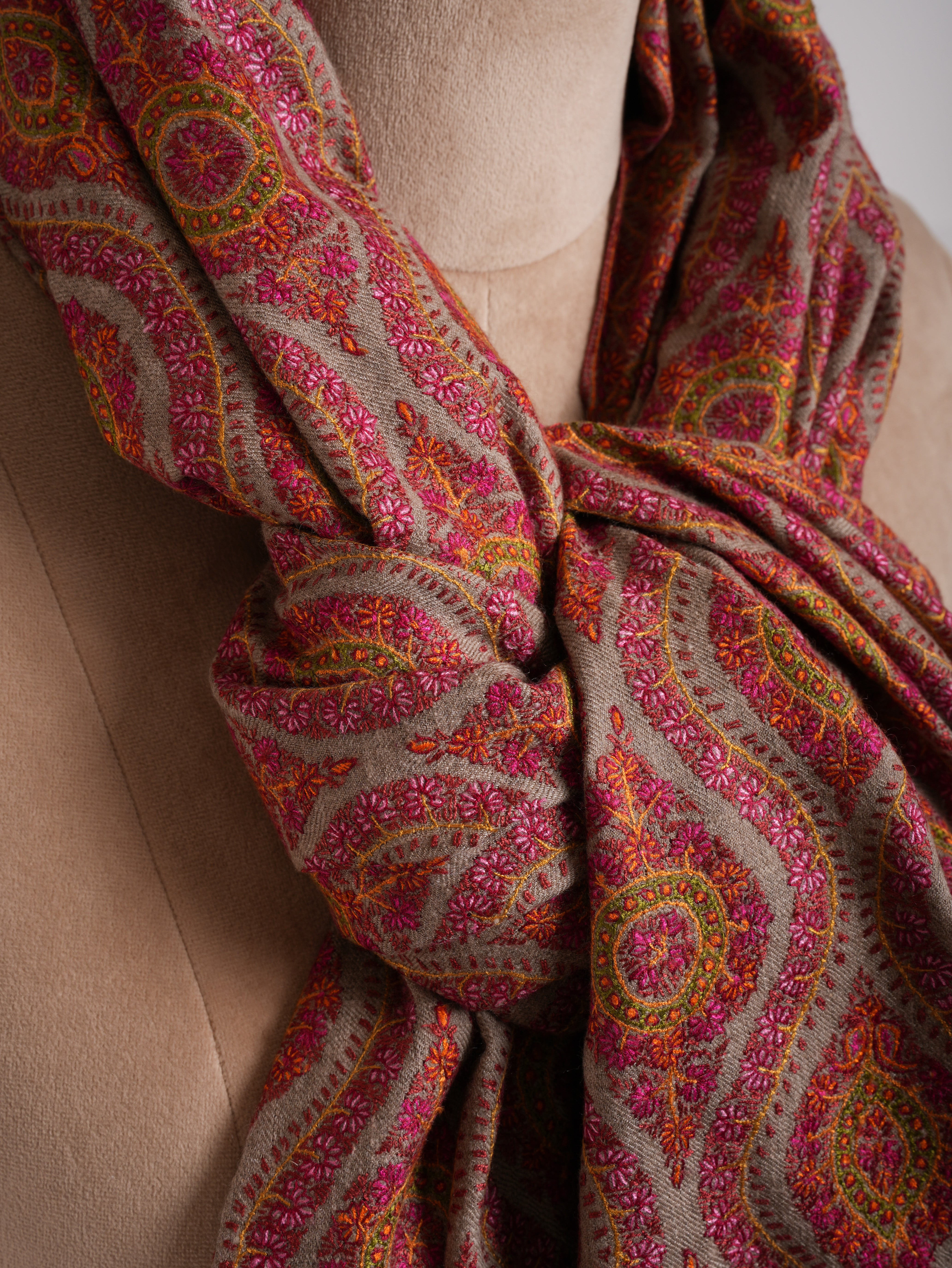 Hand Embroidered Natural Grey Pashmina Jamavar Shawl