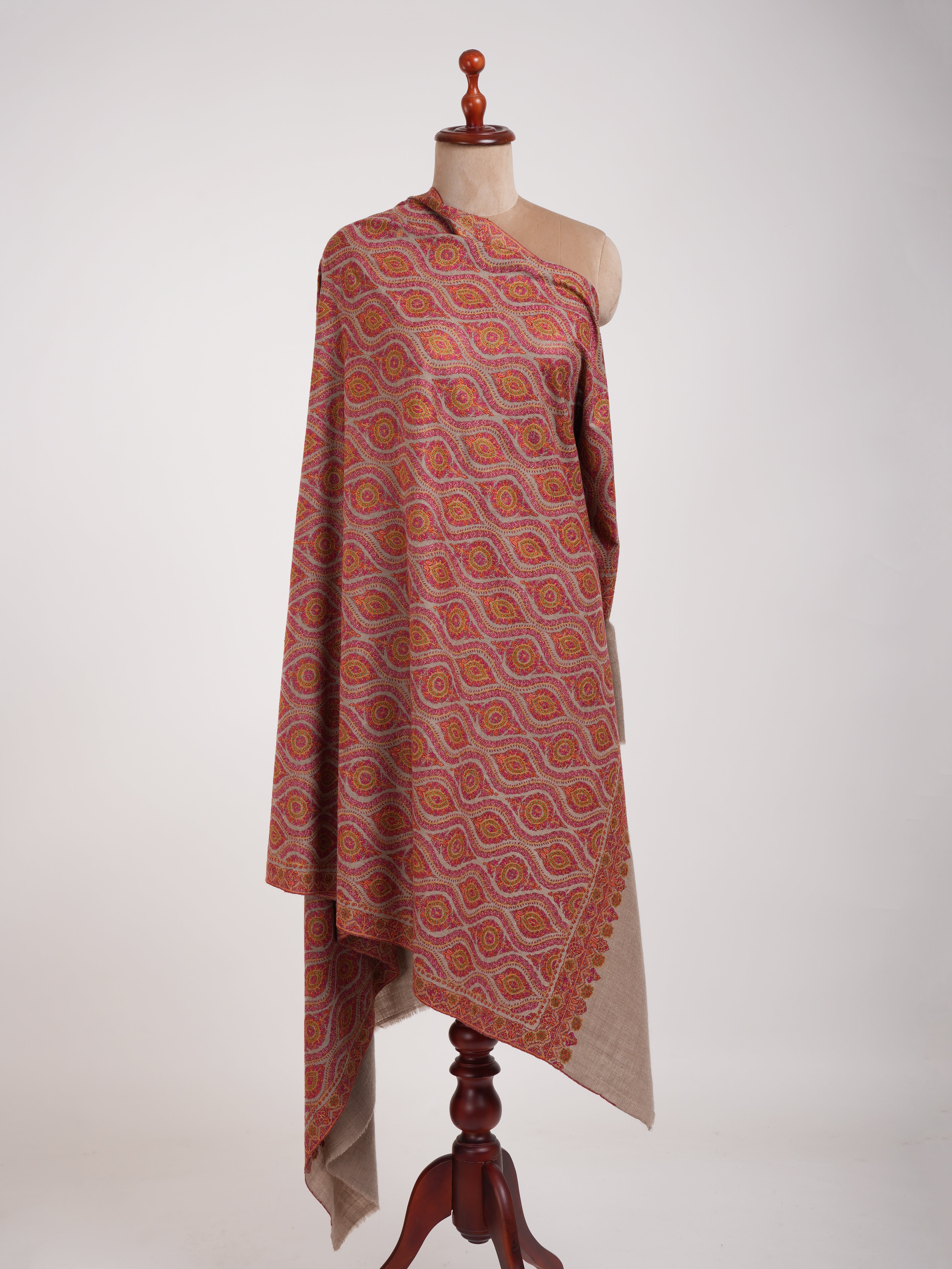 Hand Embroidered Natural Grey Pashmina Jamavar Shawl