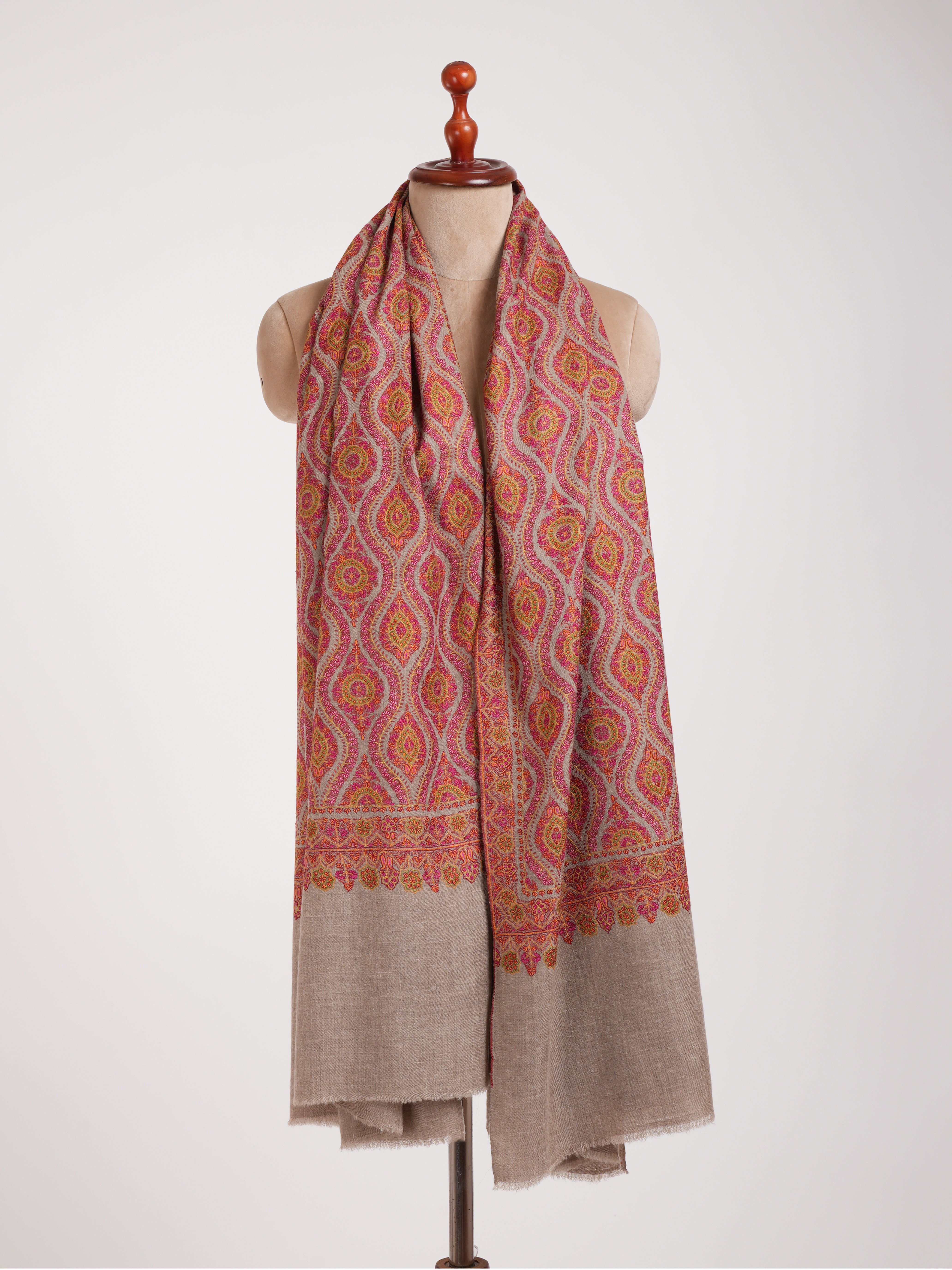 Hand Embroidered Natural Grey Pashmina Jamavar Shawl